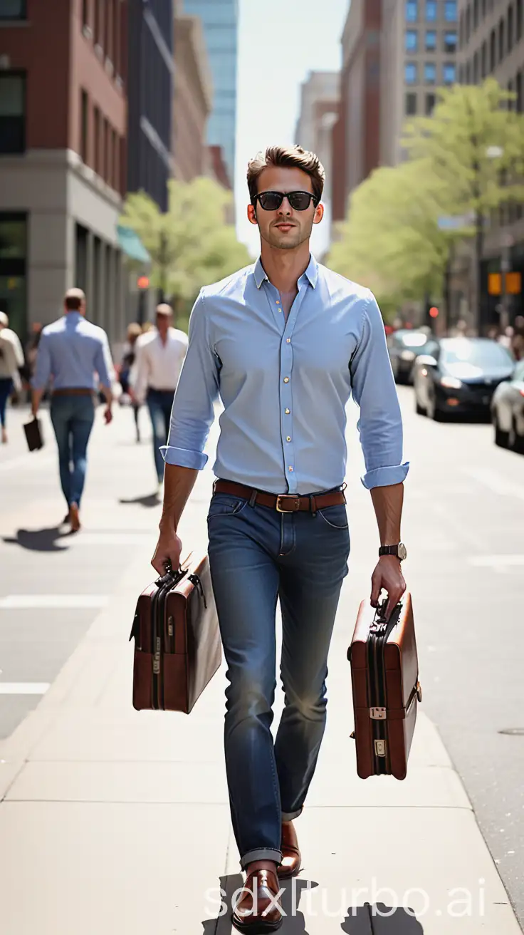 Confident-Stylish-Man-Walking-Down-a-City-Street-on-a-Sunny-Day