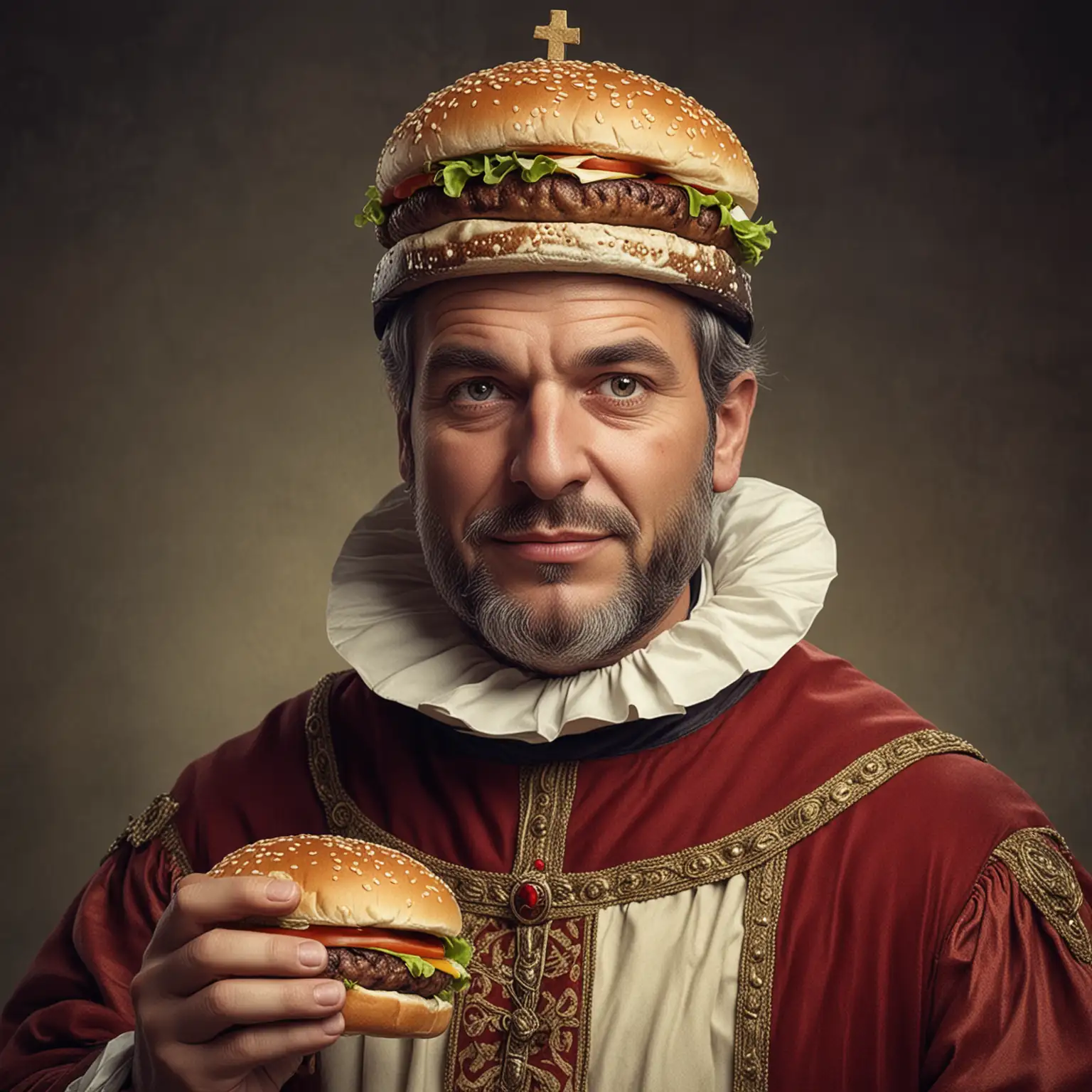 Medieval Mayor with a Hamburger Head in a Vibrant Castle Setting