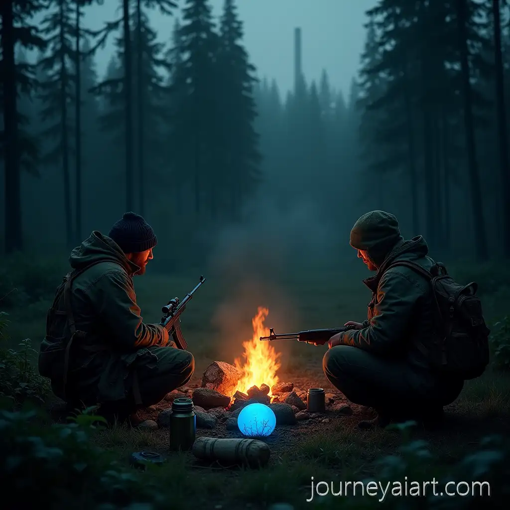 Stalkers-by-the-Campfire-inStalker-campfire-in-forest-a-Dark-Coniferous-Forest-USSR-Stalker-Universe