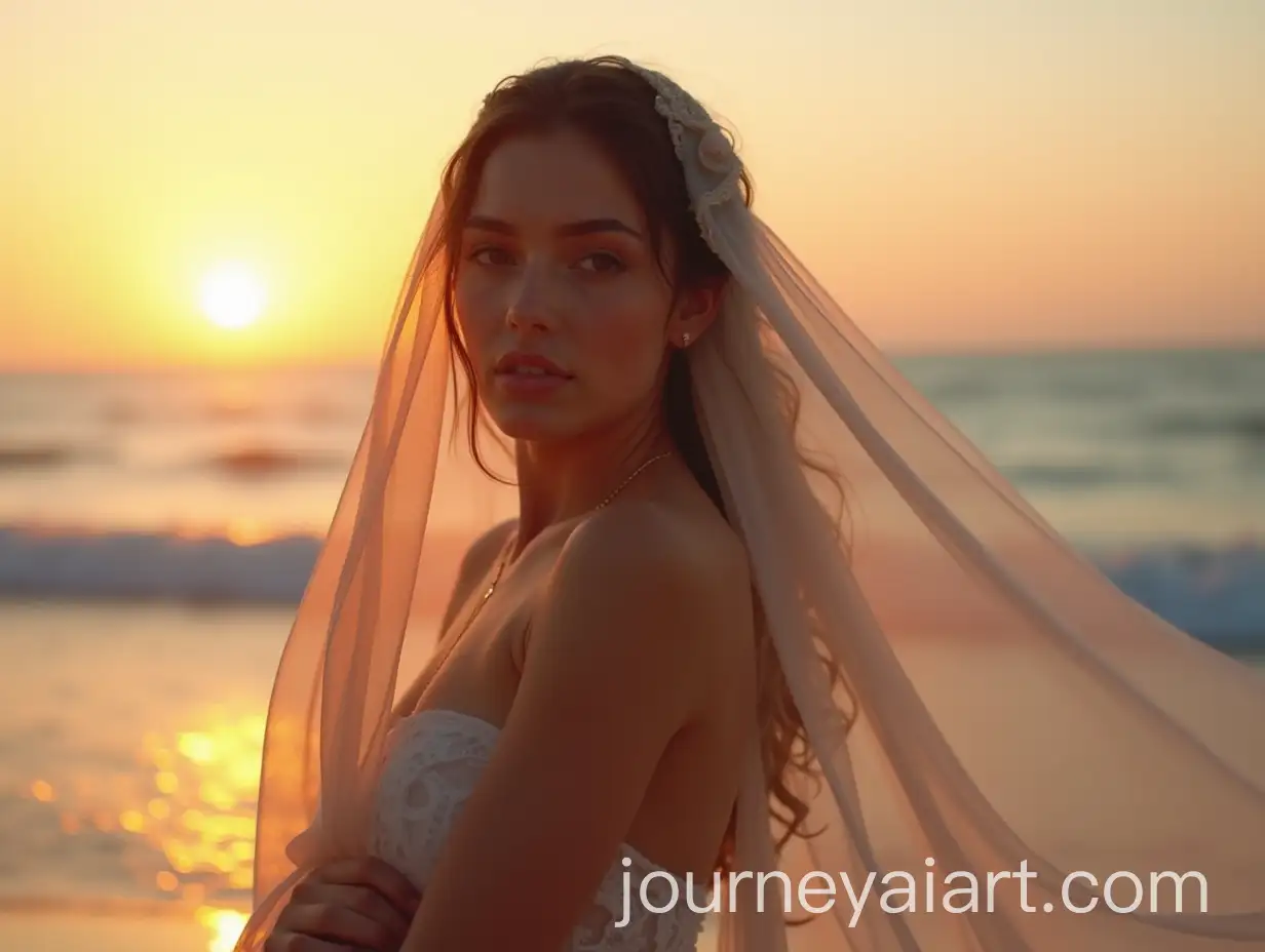 Brunette-Girl-in-Silk-Veil-at-Sunset-on-the-Beach