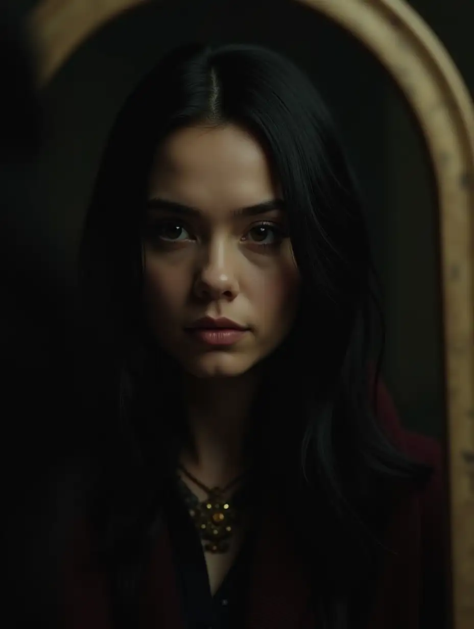 Photographic image. Dark tones with accent of red and gold. Close up. Maria with long black hair looks in the mirror. Fighting against destructive consequences of her scientific experiments, Maria accepts that not everything can be fixed, but possibly move forward