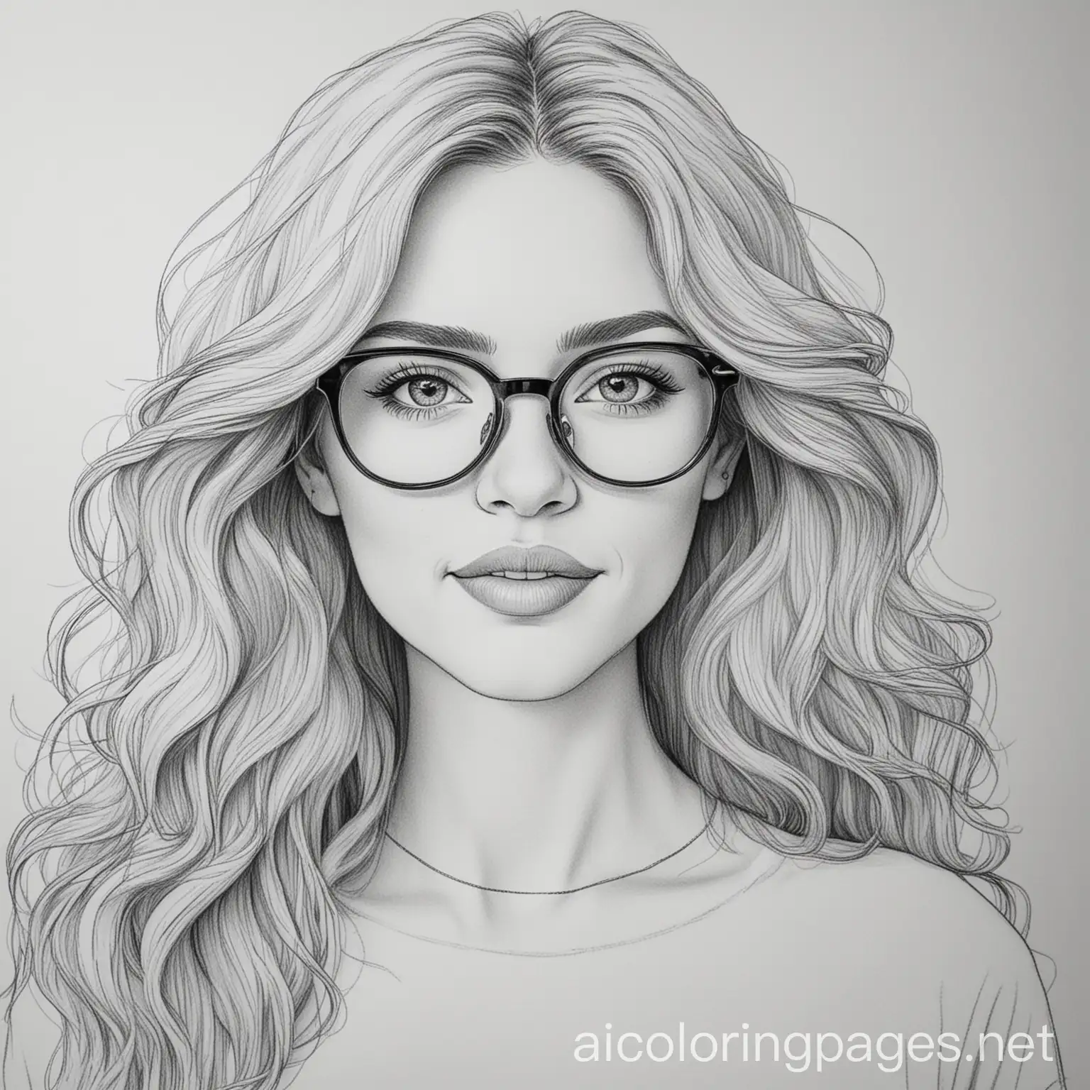 realistic woman with long wavy hair and glasses, Coloring Page, black and white, line art, white background, Simplicity, Ample White Space. The background of the coloring page is plain white to make it easy for young children to color within the lines. The outlines of all the subjects are easy to distinguish, making it simple for kids to color without too much difficulty