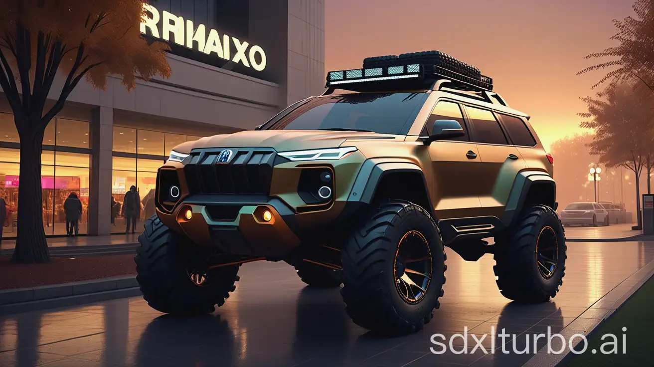 Imagine A photorealistic image of a large off-road 4-wheeler SUV named 'RhinoX-7' with a rugged, aggressive body structure, prominent grille, flared fenders, and sturdy wheelbase, ambient occlusion, intricate details, futuristic cityscape at dusk, warm neon lights, soft misty fog, soft and hard lighting to enhance depth, parked beside palm trees in front of a shopping mall with golden autumn sunset glow, showcasing ruggedness in tranquil surroundings, volumetric lighting, 45-degree front-side isometric angle --ar 16:9 --s 150 --no text.