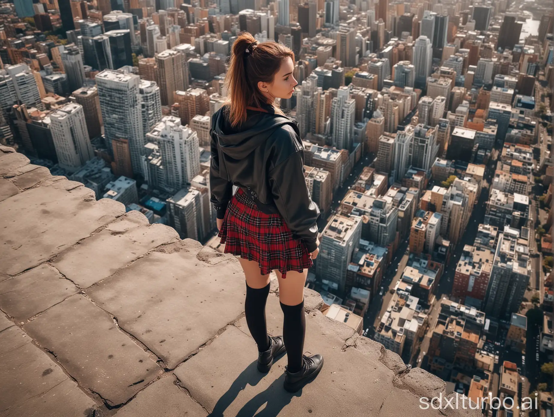 Urban-Woman-in-Tartan-Skirt-Exploring-Futuristic-Cityscape