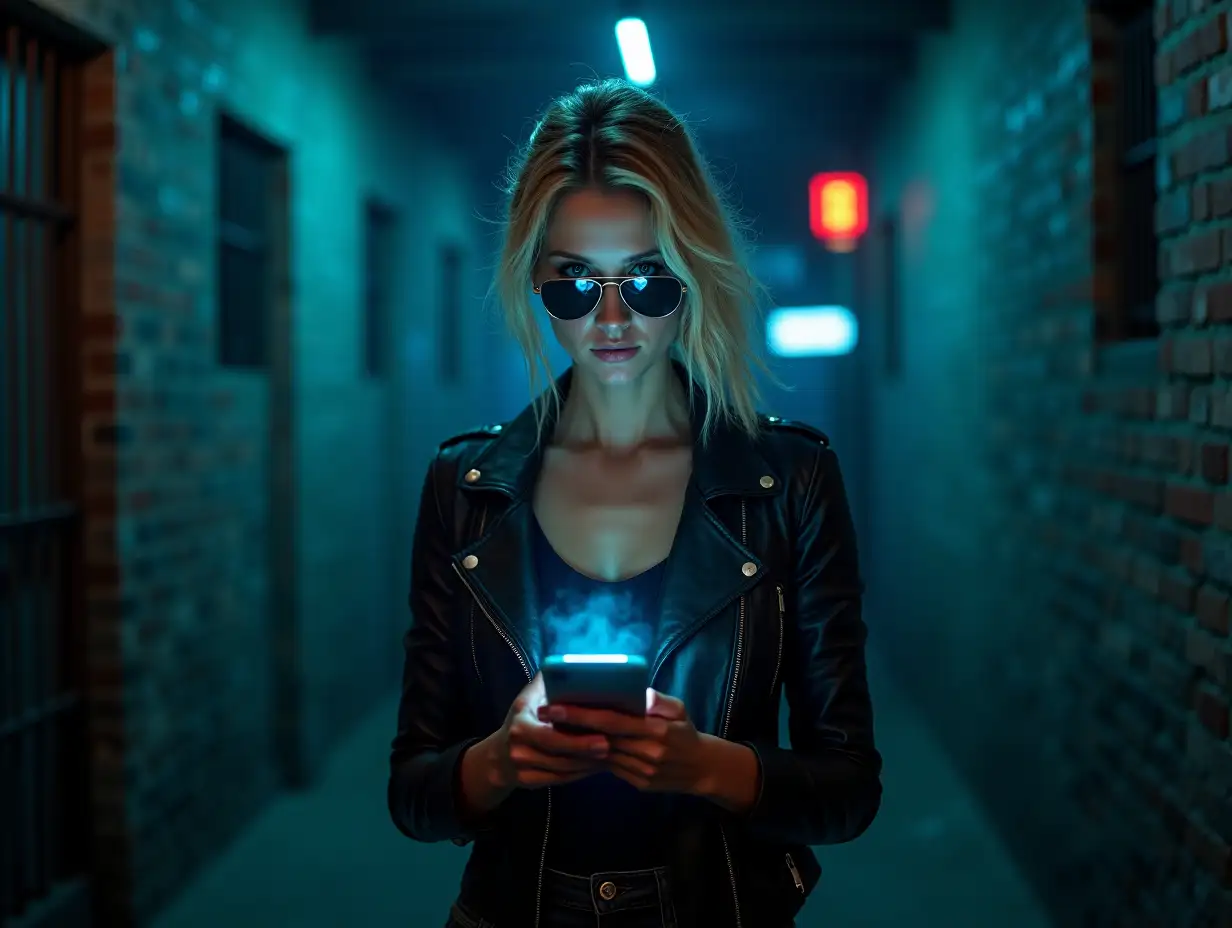 Photorealistic portrait of the same blue-eyed blonde woman, now in a dimly lit, atmospheric interior. She stands confidently in a shadowy industrial space—exposed brick walls, faint neon signs (optional: glowing blue or red accents), and dusty beams of moonlight streaming through barred windows. Her silver sunglasses are perched on her head, revealing piercing eyes fixed on her smartphone’s bright screen, which casts an eerie glow on her face. She wears a fitted leather jacket and dark jeans, blending urban edge with mystery. The wind from earlier is replaced by stillness, but her hair retains slight tousled texture. Key details: Stark contrast between the phone’s cold light and warm ambient shadows, reflections of digital UI on her sunglasses, and grungy textures—cracked concrete, worn leather, and faint smoke particles in the air. Style: Moody cyber-noir with hyper-realism, shot on a professional camera emphasizing 8K clarity and depth. Add subtle drama: a half-open door with light creeping in, or a cryptic map/document visible on the phone’s screen.