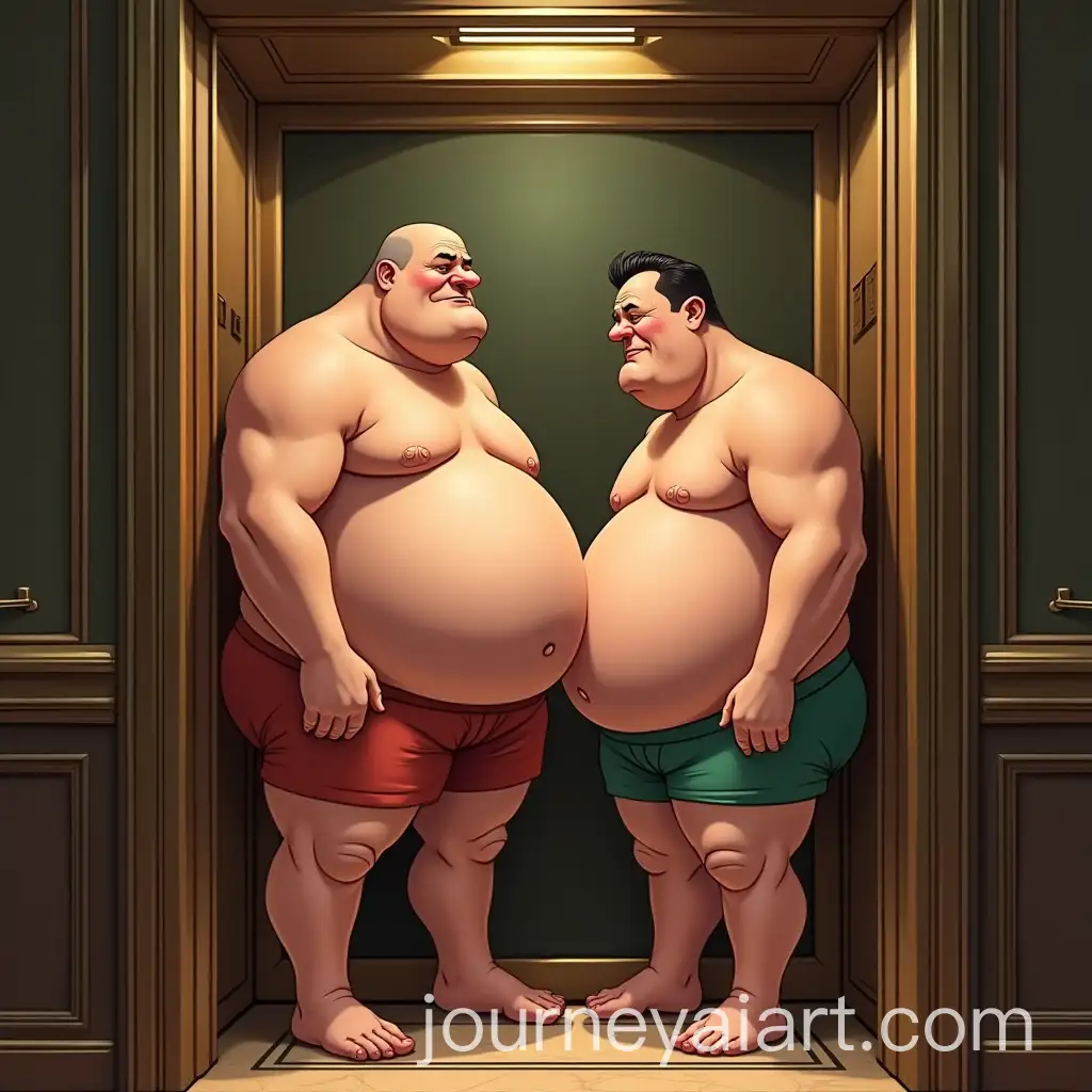 Humorous-Scene-of-Wealthy-Father-and-Son-in-a-Cramped-Elevator