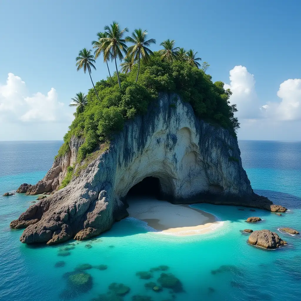 Majestic Caribbean Island with Dramatic Rock Formation and Scenic Cave Beach