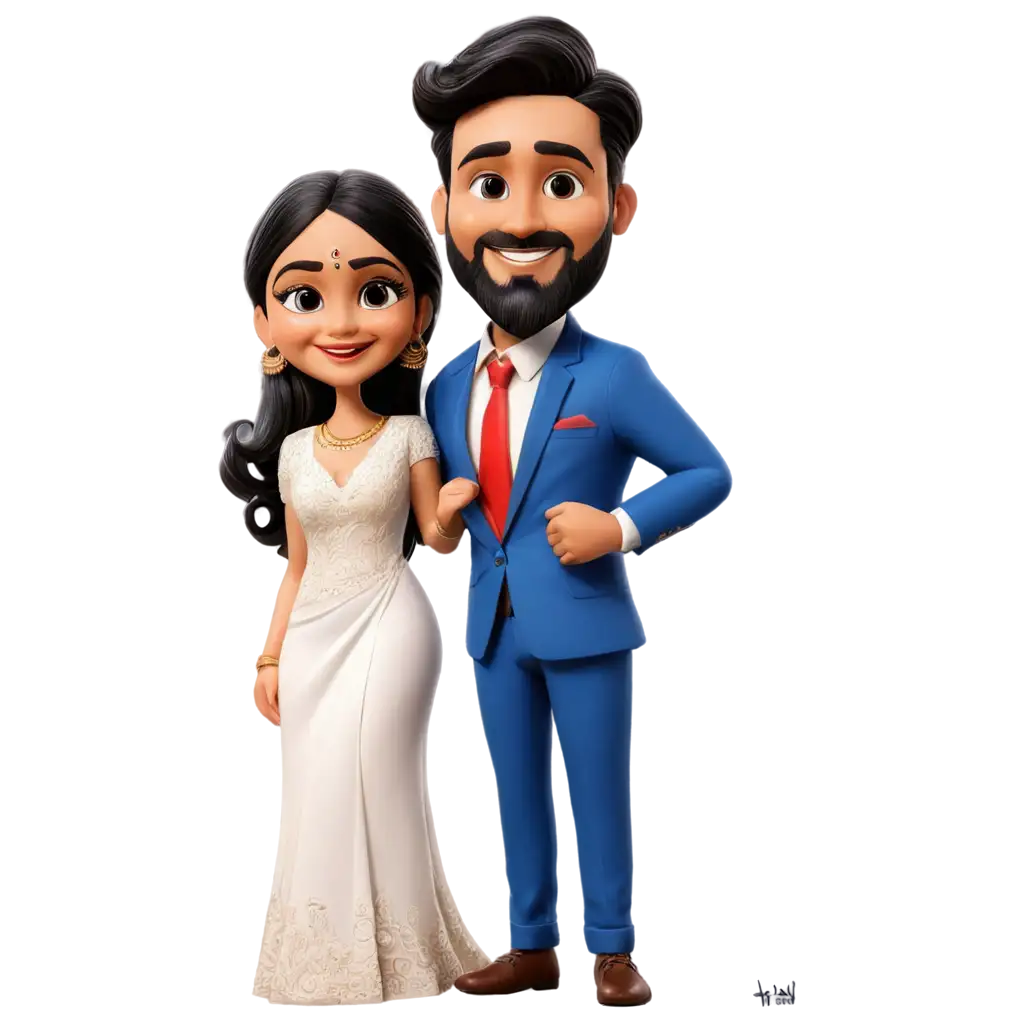 South-Indian-Dusky-Wedding-Couple-PNG-Caricature-Guy-in-Blue-Suit-with-Shaped-Beard-and-Chubby-Girl-Standing-Hand-Held