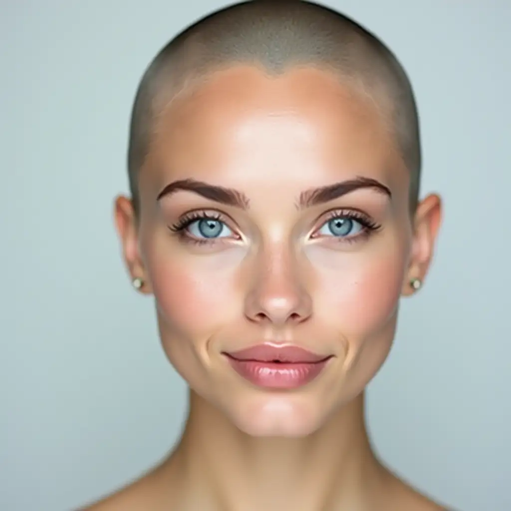 Create a professional ID photo of a 25-year-old elegant Caucasian woman with a round face and harmonious features. She has a bald head, showcasing her striking blue eyes, a small, slightly Asian-shaped nose, and naturally plump lips, all embodying perfect symmetry in line with the golden ratio. The image should capture her upper body in a standard ID card format with her face aligned directly to the camera, maintaining a neutral expression. Use soft, even frontal lighting to enhance clarity, with a neutral light background to emphasize sharpness. The skin should appear velvety soft and smooth, with visible pores for realism. Aim for a high-quality, lifelike image at a resolution suitable for ID purposes, ensuring every detail is crisp and well-defined, evoking a sense of professionalism and elegance. IMG_1018.CR2