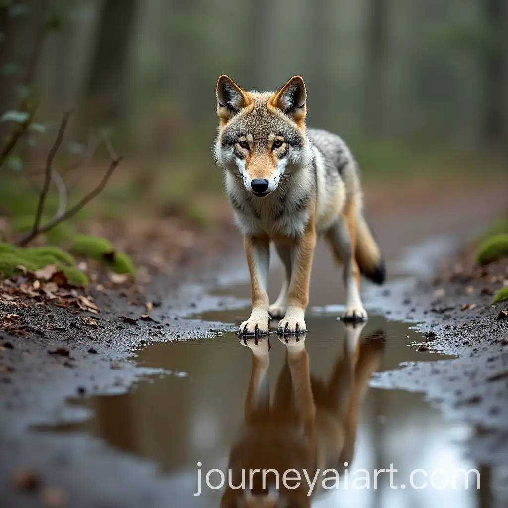 Young-Wolf-Reflecting-as-an-Adult-in-Puddle-with-Nature-Background
