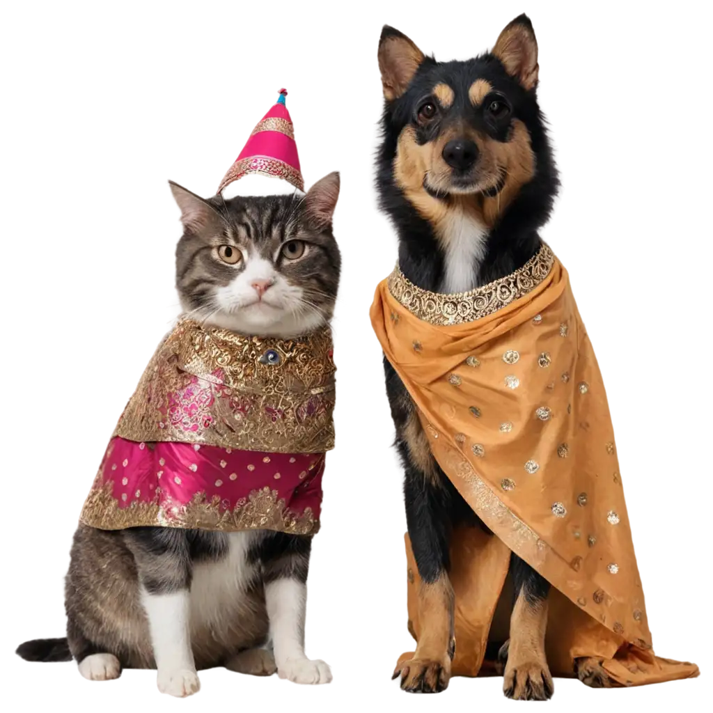 Adorable-Dog-Lovingly-Embraces-Cat-in-Traditional-Indian-Dress-PNG-Image