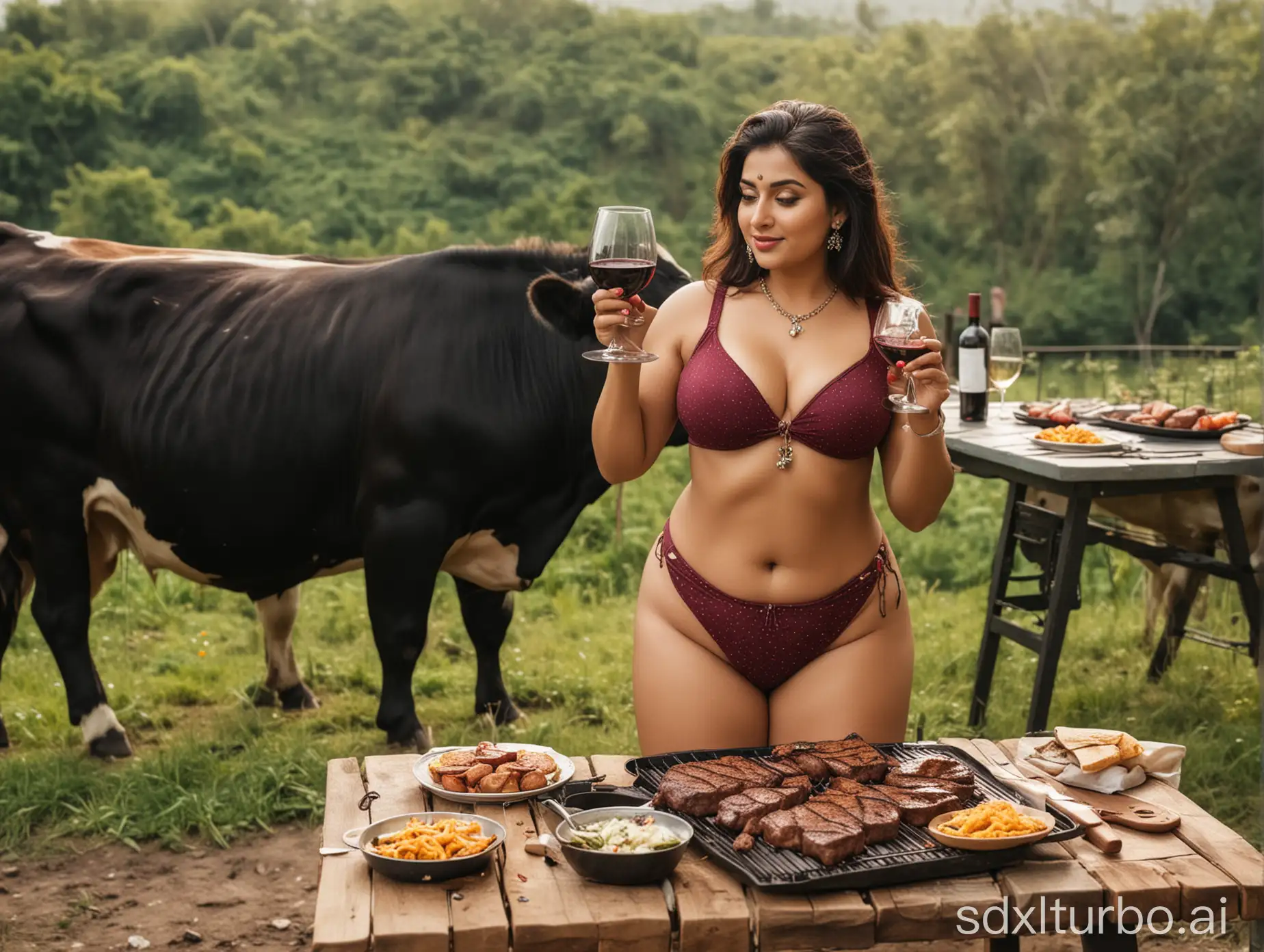 thick woman,indian, thick thighs,bikini, jewelery, eating barbecue steak  on a table, enjoying wine, steak on griller, cows grazing background