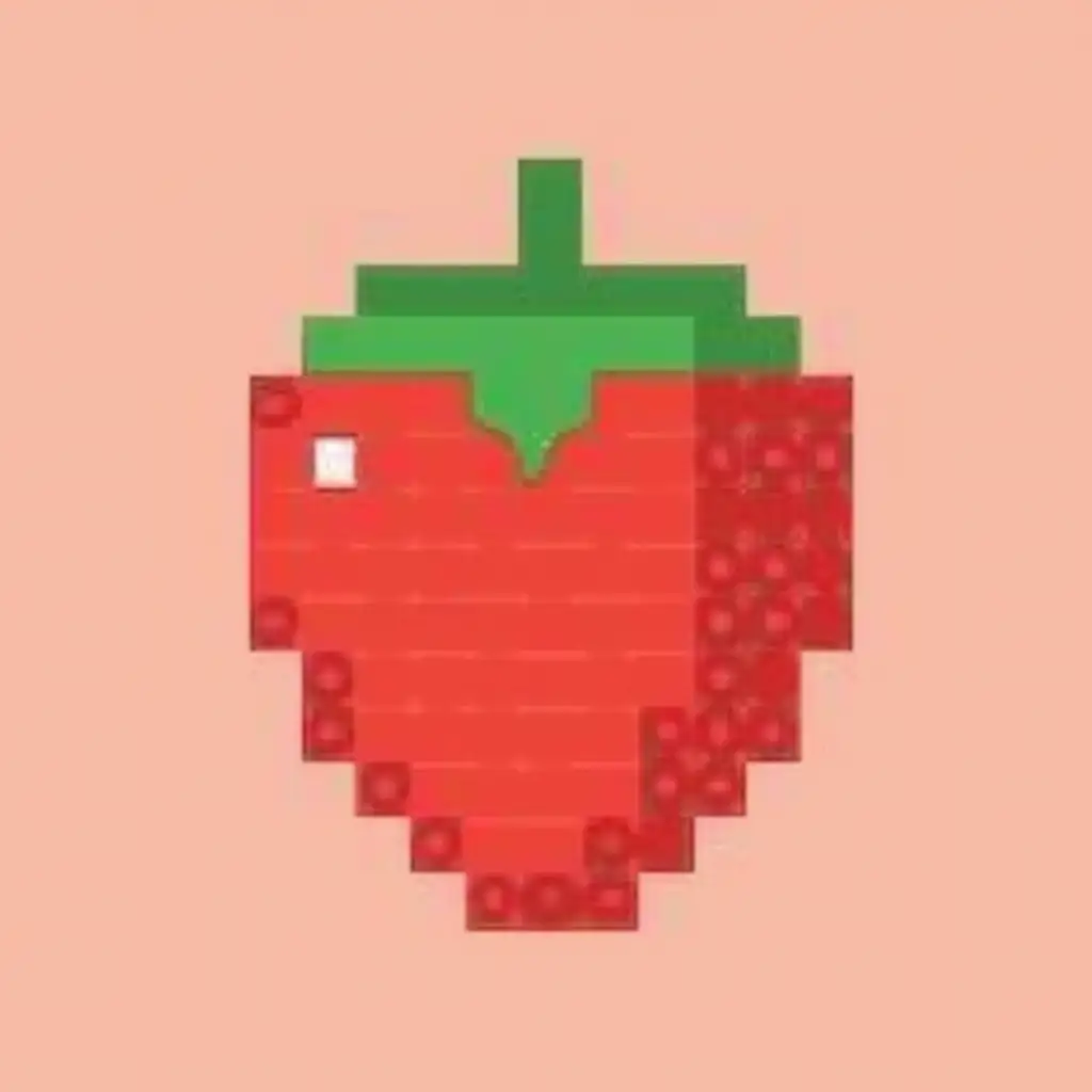 A simple pixel art style illustration of a strawberry against a plain, solid color background. The strawberry is large and clearly detailed with its red body and green leafy top, with a blocky, pixelated look. The background is a single flat color, with no additional elements or textures, enhancing the retro pixel art feel.