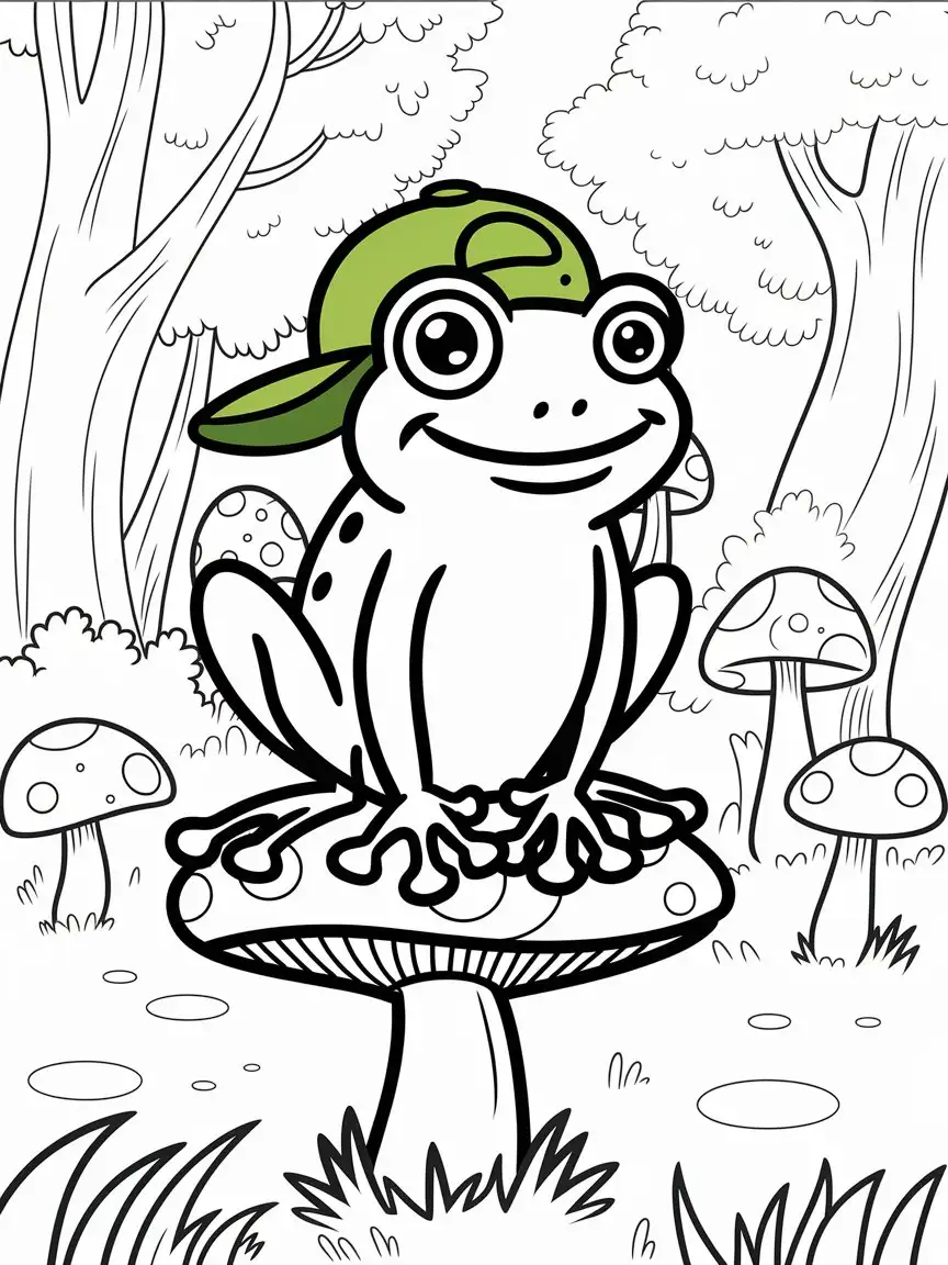 Cartoonish Happy Frog Sitting on Mushroom Coloring Page