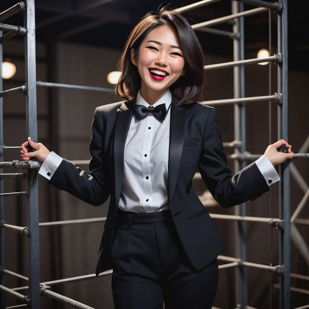 A stunning and cute and sophisticated and confident 30 year old japanese woman with shoulder length hair and lipstick wearing a black tuxedo with a black jacket. Her shirt is white with black cufflinks and a (black bow tie) and (black pants), standing on a scaffold facing forward, laughing and smiling. Her shirt cuffs are showing. The cuffs have cufflinks. It is night.