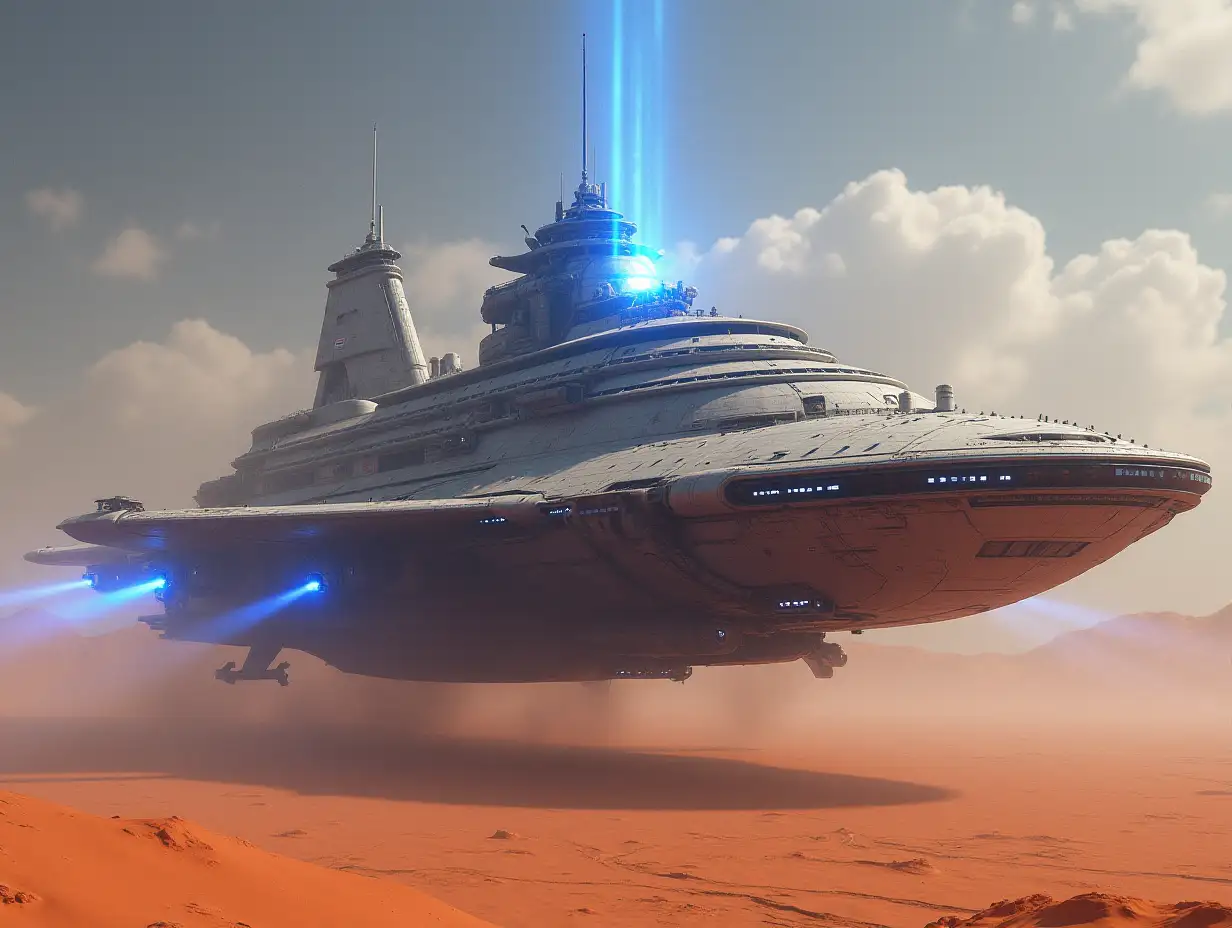 CI create a very large spaceship, with jet propulsion, with blue lasers aside and above, a command center, many bright white windows in the desert