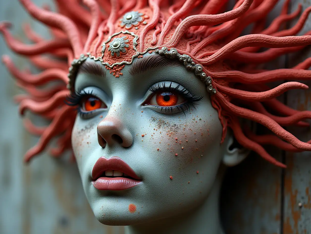 Face with grey and red Fly Agaric roots transformed into building