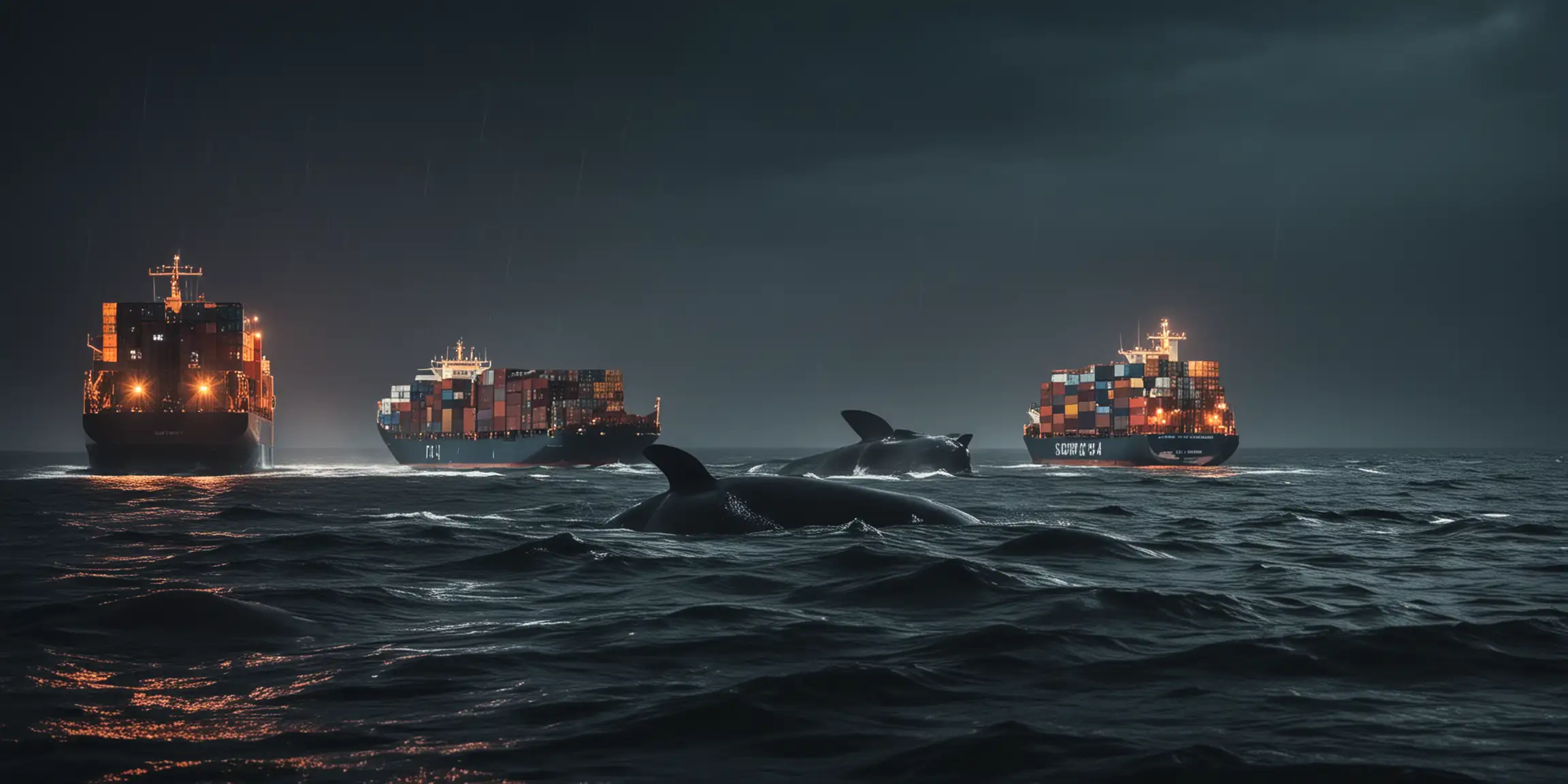 Dramatic Night Ocean Scene with Sperm Whales and Cargo Ships