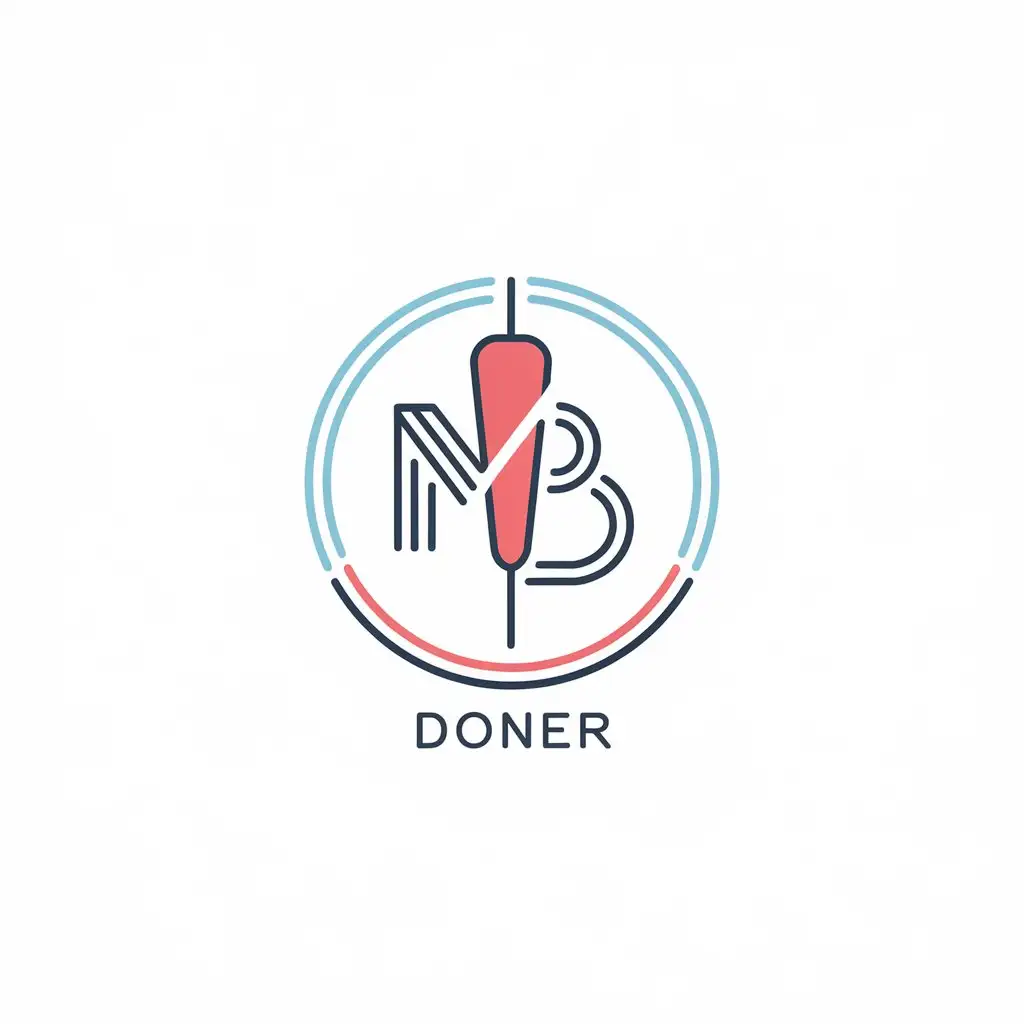 LOGO Design for MB DONER Minimalist Circle with Intertwined MB and Subtle Dner Kebab Motif in Light Blue Red and White