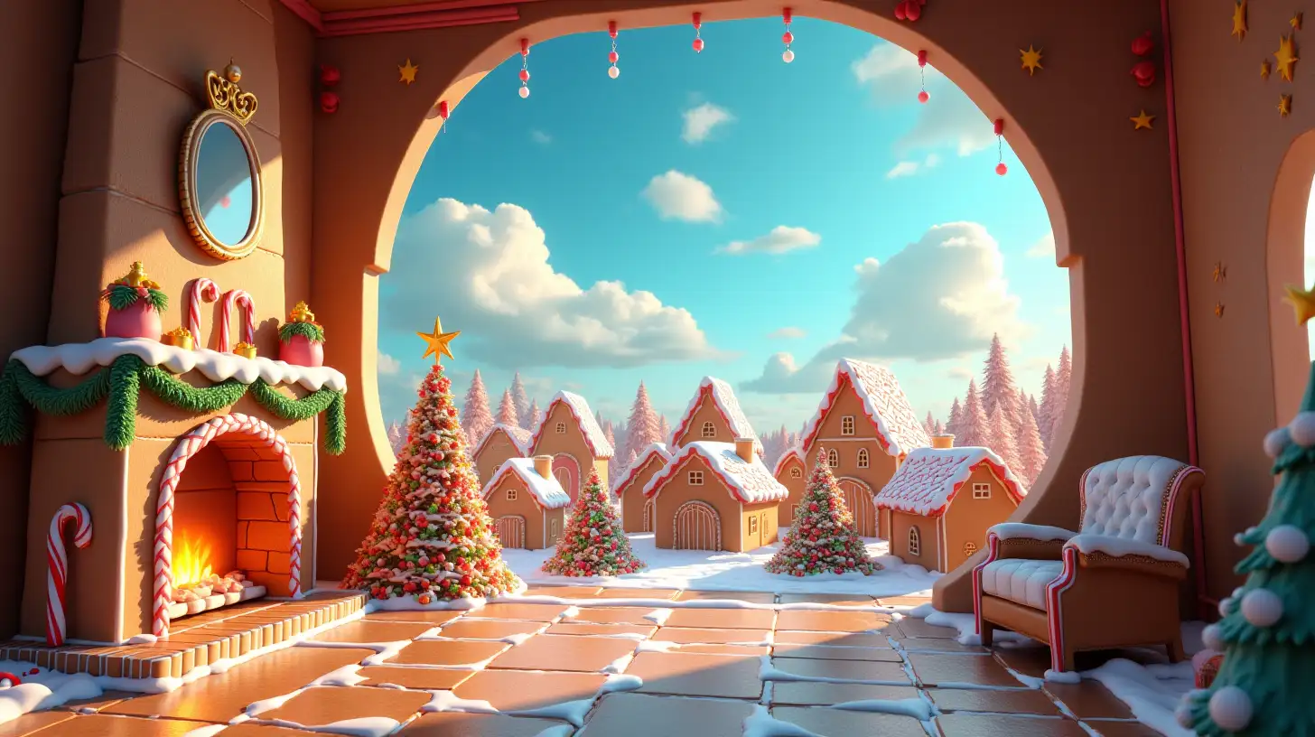 King's candy room with a gingerbread fireplace overseeing a land with bright blue sky and white clouds. Ginger bread houses within a sugar village covered in icing candy roofs and  a jellybean Christmas tree and candy canes.