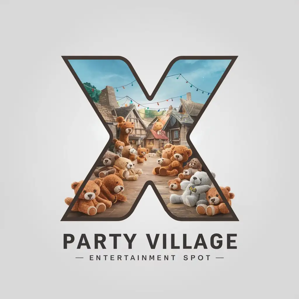 a logo design,with the text "X", main symbol:Logo of a small village. Very popular party place where leave a lot of cool and funny Teddy Bears. Party never stops at this place.,Moderate,be used in Entertainment industry,clear background