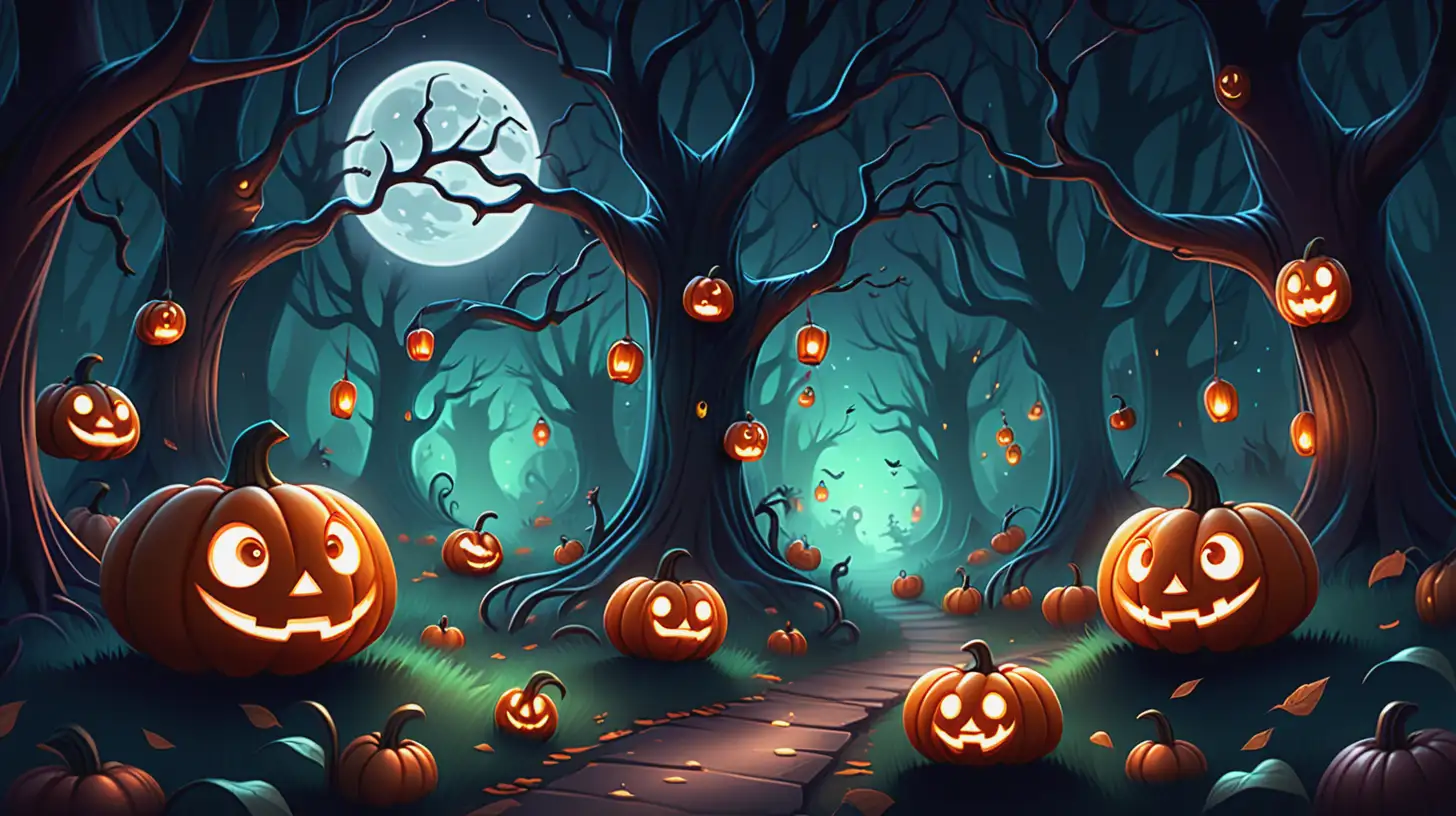 Charming Enchanted Pumpkin Forest with Glowing Pumpkins and Playful Ghosts