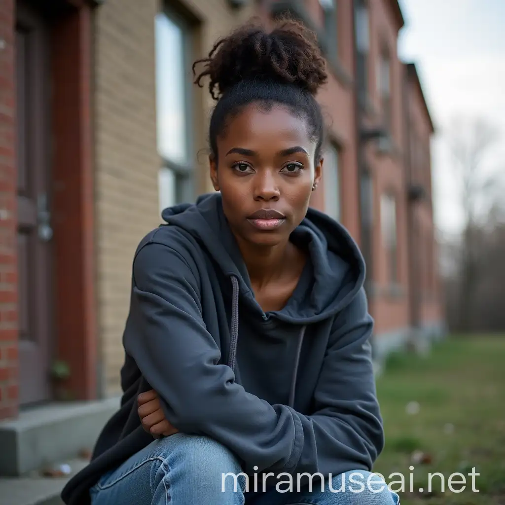 Young African American Woman Sitting on Apartment Building Steps