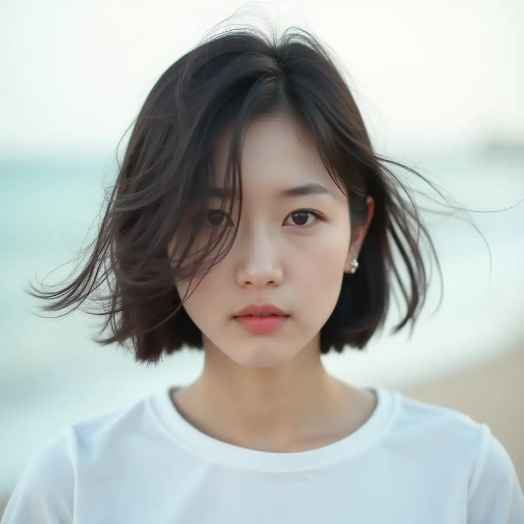 Woman in her 20s, Korean, short hair, white skin, hair blowing in the wind, big double eyelid eyes, sharp nose, white t-shirt