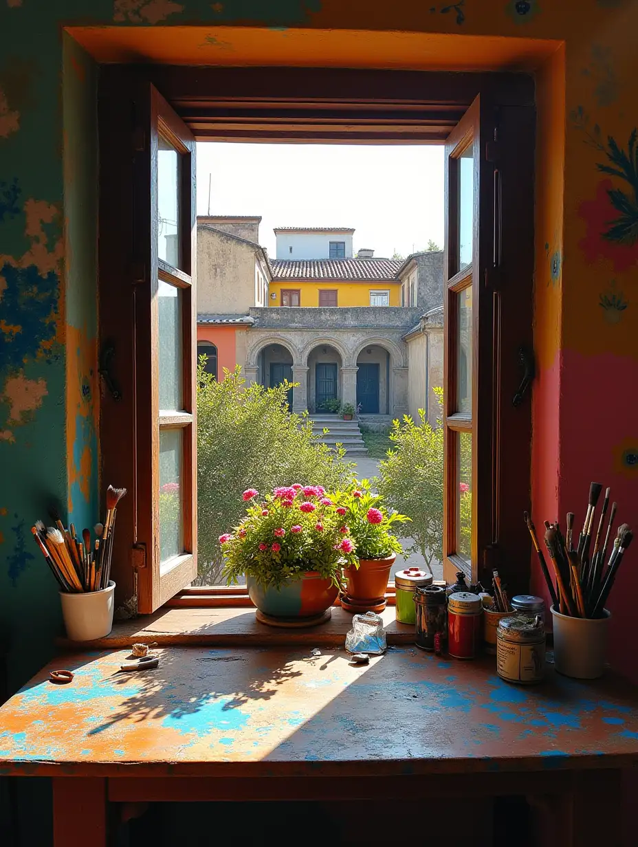 A portrait of Frida Kahlo's house in Coyoacán, with a background of vibrant colors and colonial architecture, with a messy work table and brushes on the window, and a flowery garden in the center.