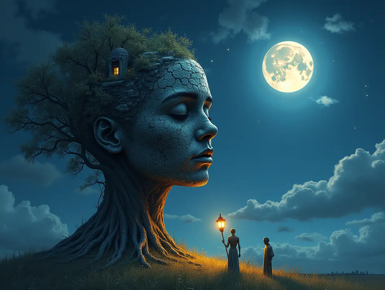 Creating a digital painting of a face with hair turning into a building with silver stones and Illuminated trees with roots and lantern and alien beings on a moonlit meadow