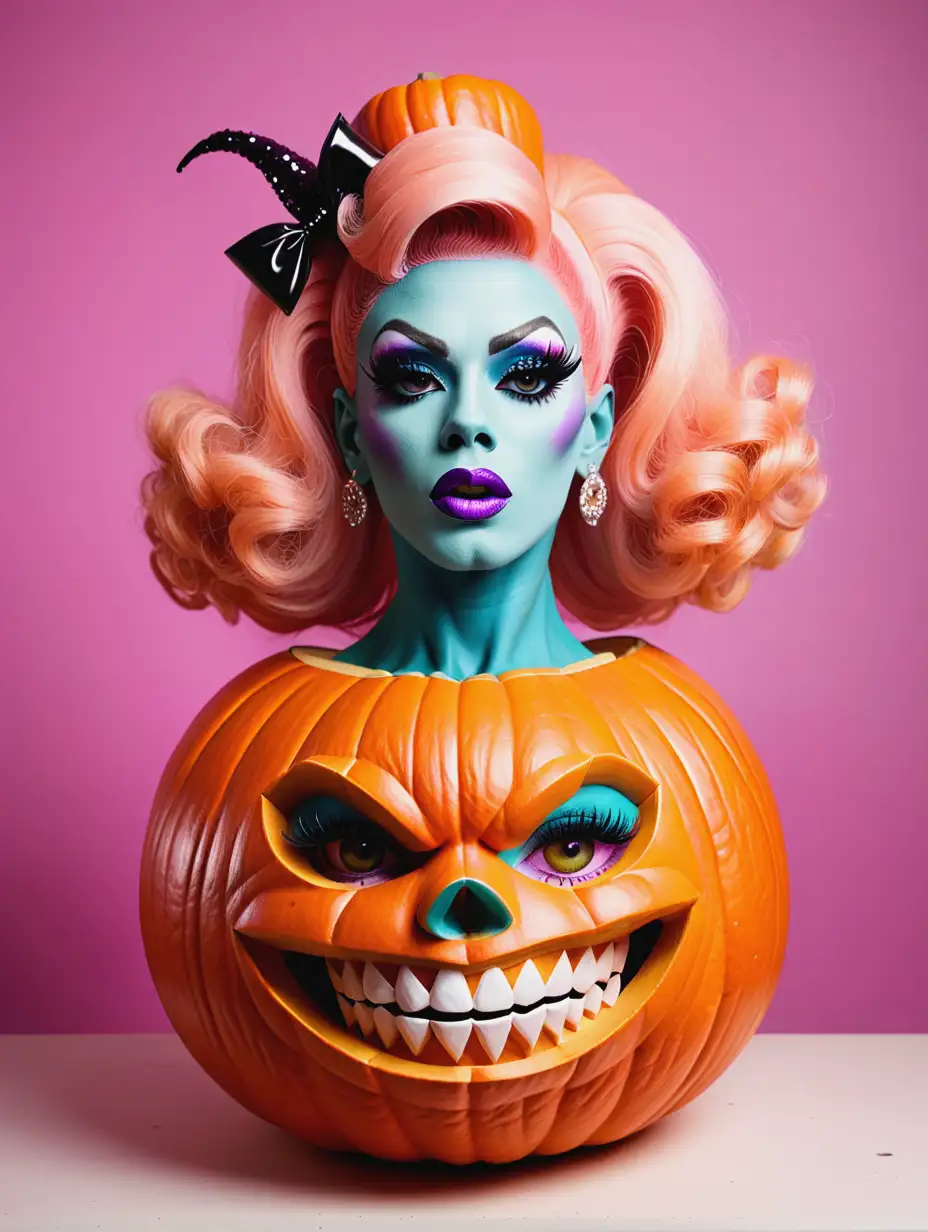 Vibrant Halloween Pumpkin Adorned with Drag Queen Makeup