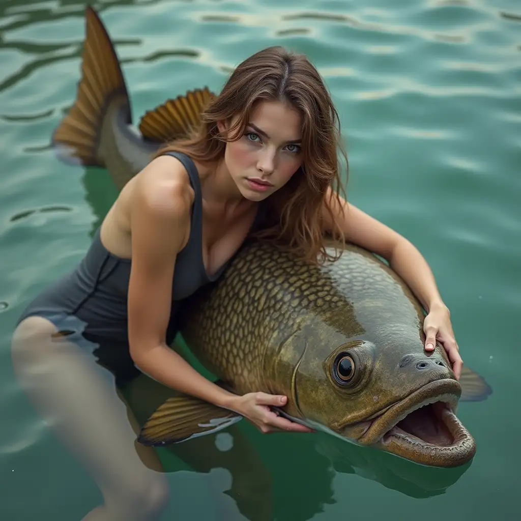 Serene-Woman-Resting-on-Large-Stylized-Fish-in-Shallow-Water-with-Sunlight-Reflections