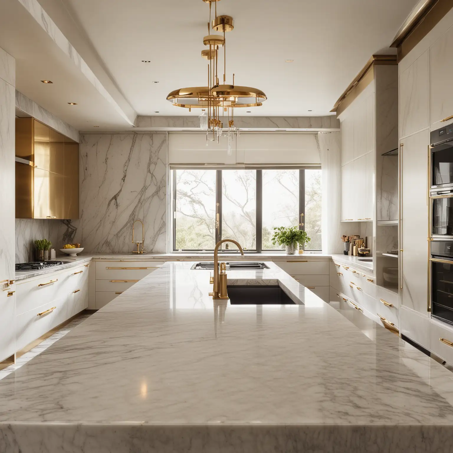 Modern-Luxury-Kitchen-with-Marble-Countertops-and-Gold-Accents