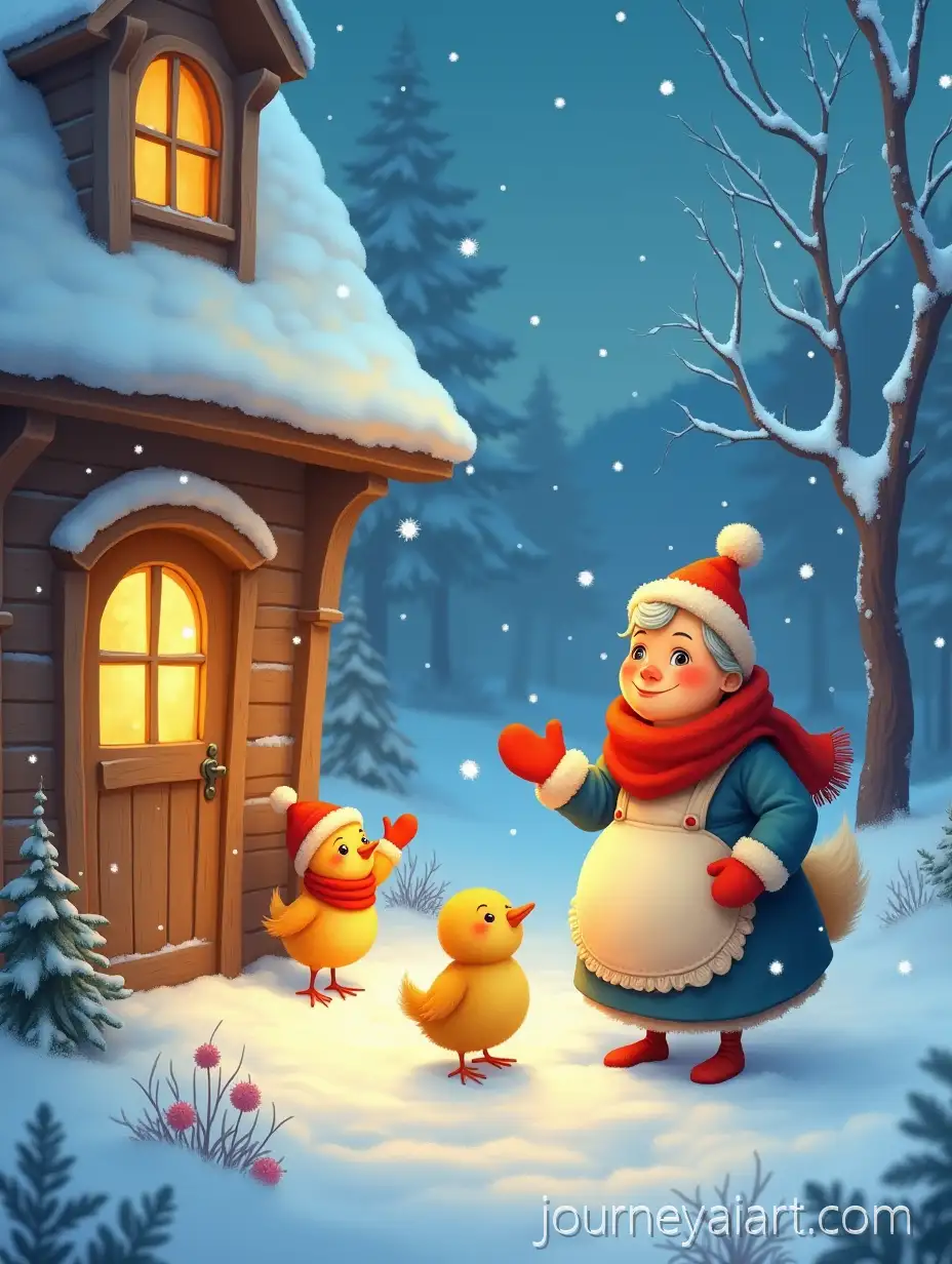 Whimsical-winter-fairy-taleWhimsical-Winter-Fairy-Tale-Poster-Featuring-Grandma-Hen-and-Grandchildren-in-Snowy-Village