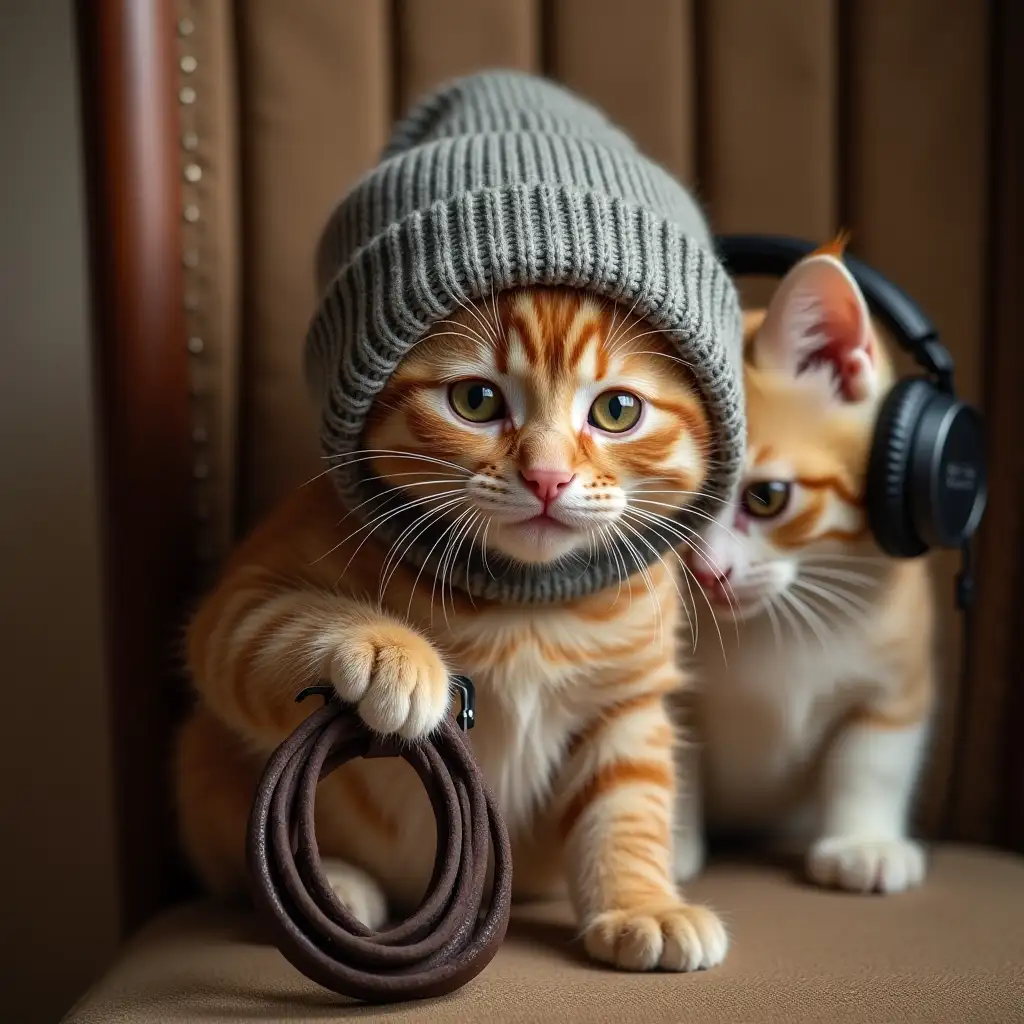 ginger nice real kitten in knitted hat, holds a belt in paw, next to another nice kitten in headphones, who is hiding behind chair