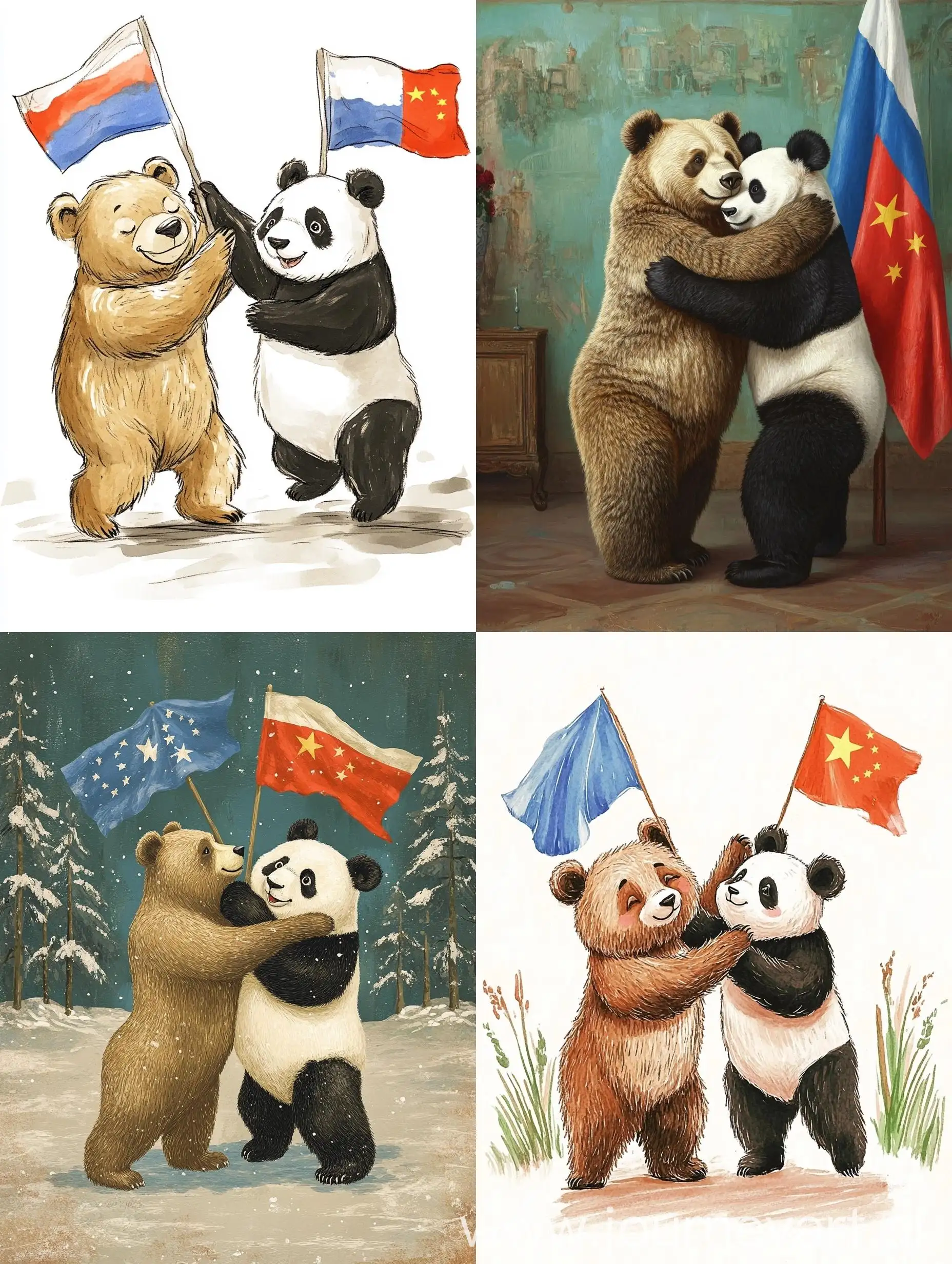 Russian-Bear-and-Chinese-Panda-Dancing-and-Hugging-with-Flags