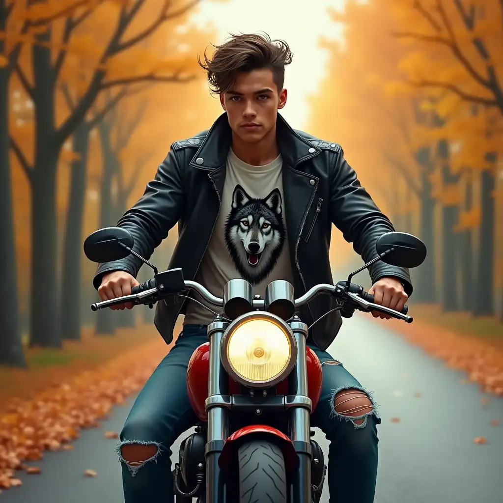 The background is a road, trees, autumn leaves. The main character is a courageous and daring young biker, on his cool bike, in a T-shirt with a wolf and an open leather jacket, in torn grunge jeans. The style is digital painting, realism with precise elaboration of details, cinematic