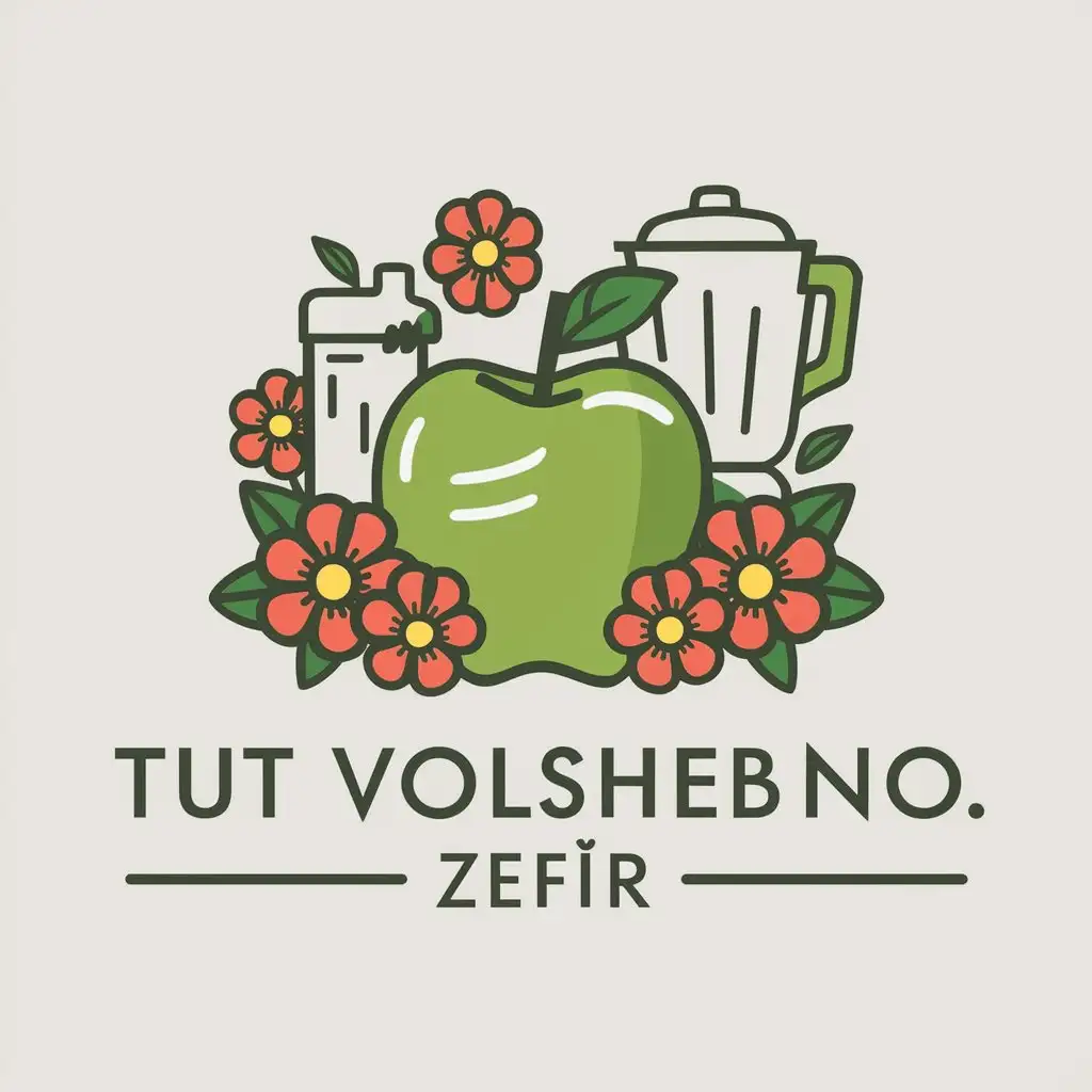 a vector logo design,with the text "TUT VOLSHEBNO.ZEFIR", main symbol:Green apple, blender, flowers,Moderate,clear background