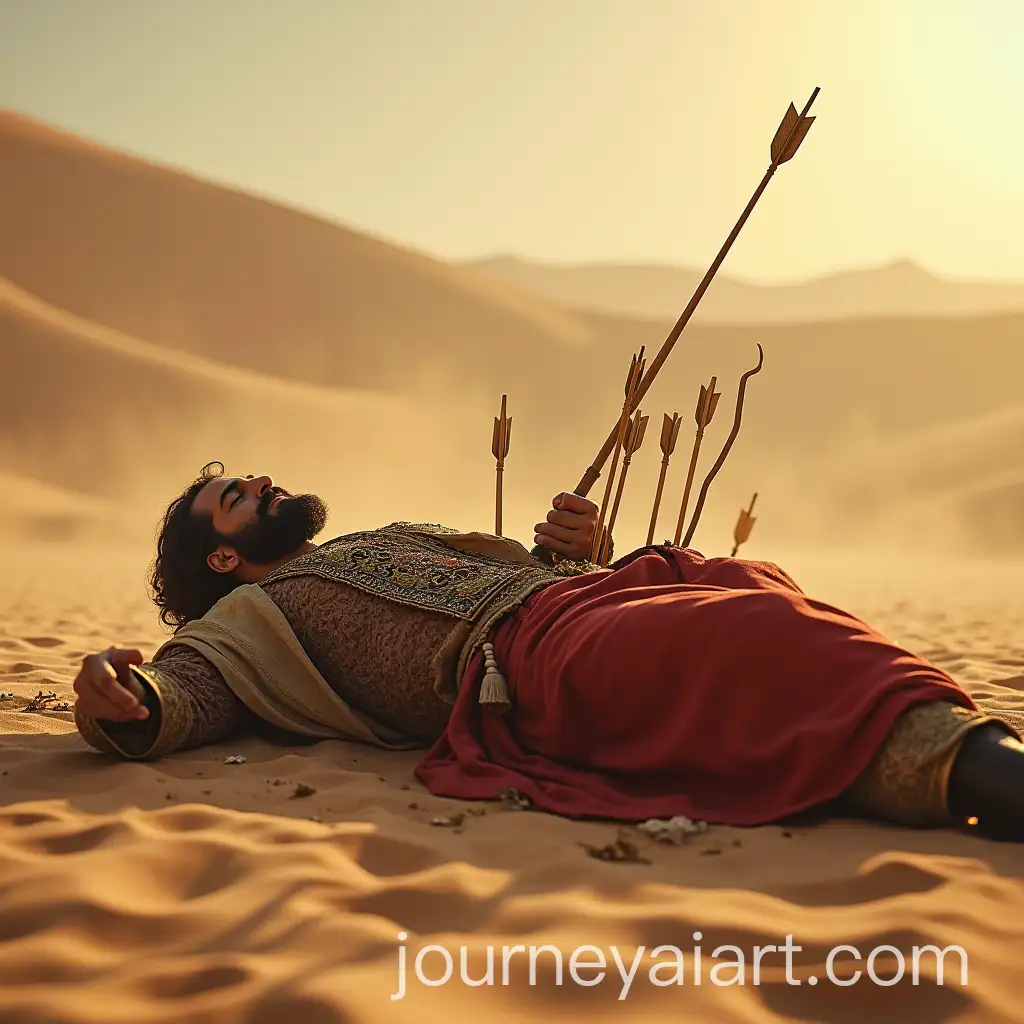 Imam-Hussein-in-Karbala-with-Arrows-Piercing-His-Body-on-Desert-Floor