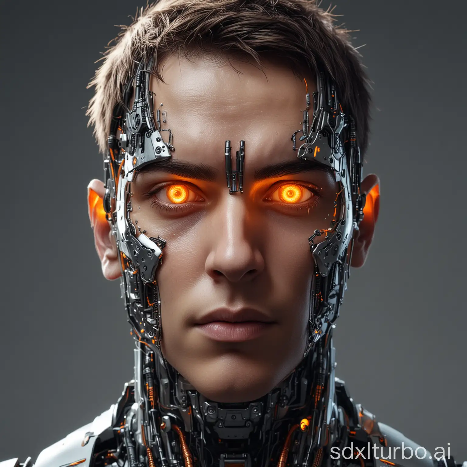 futuristic human young male cyborg hybrid close up front view head slightly bowed and looking up at camera with orange glowing eyes