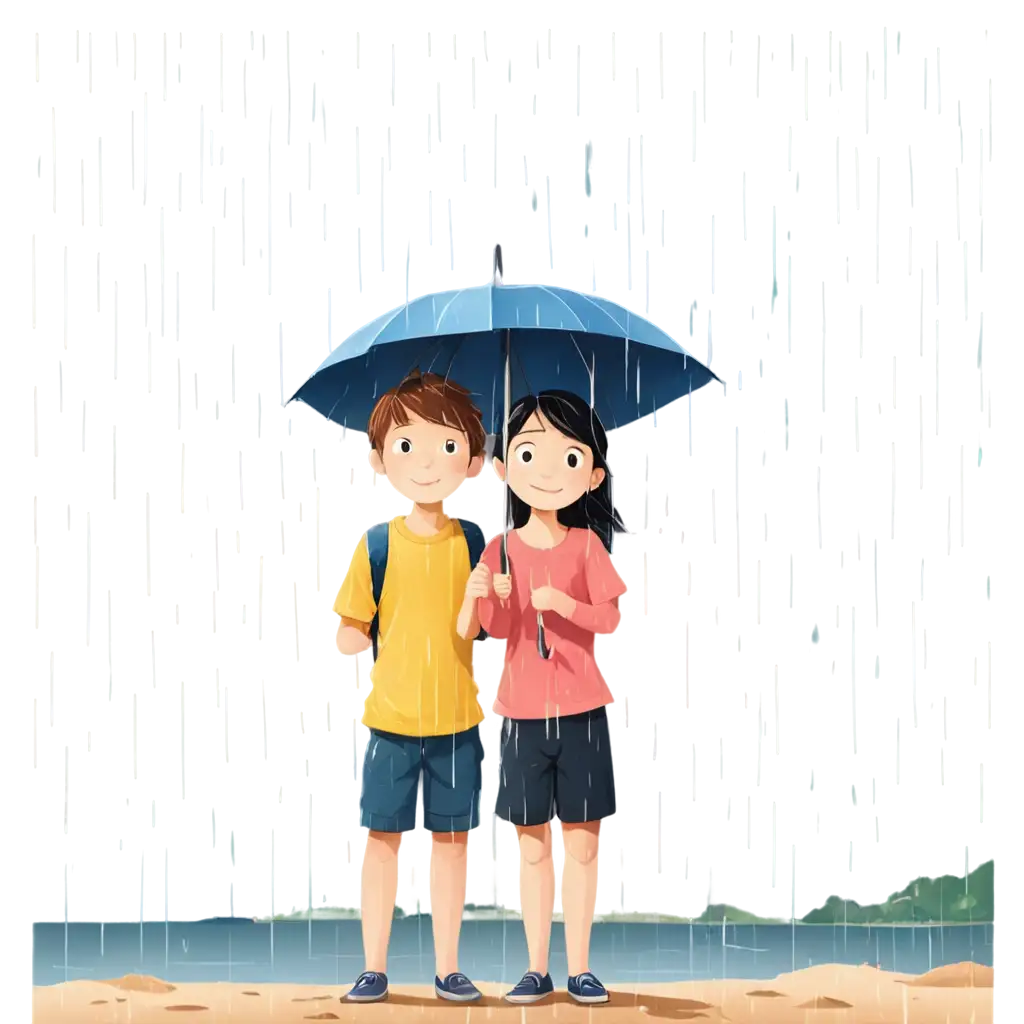 Cartoon-Boy-and-Girl-Under-an-Umbrella-in-the-Rain-at-Lake-Shore-PNG-Image