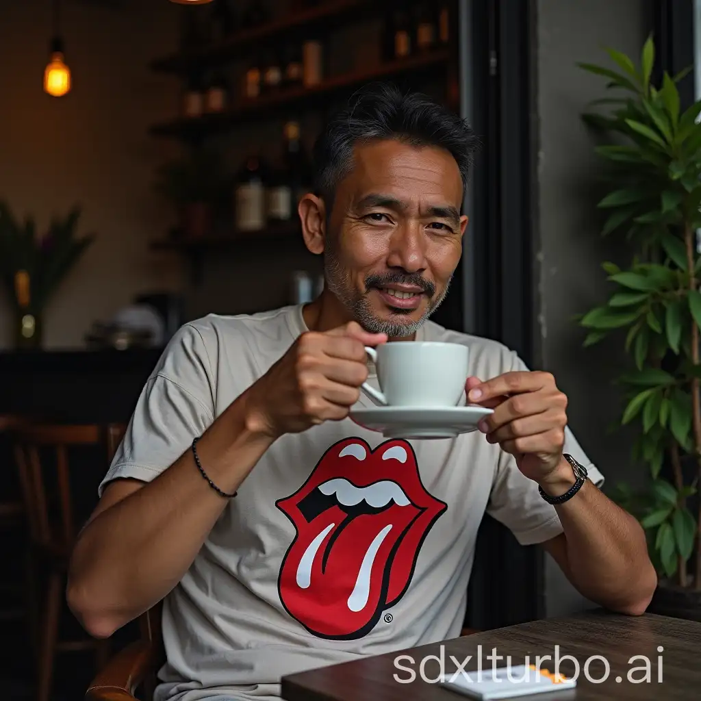 An Indonesian man is sitting casually while enjoying a cup of coffee. Wearing a t-shirt with the Rolling Stones logo on it. In front of him there is a small table with cigarettes and matches.