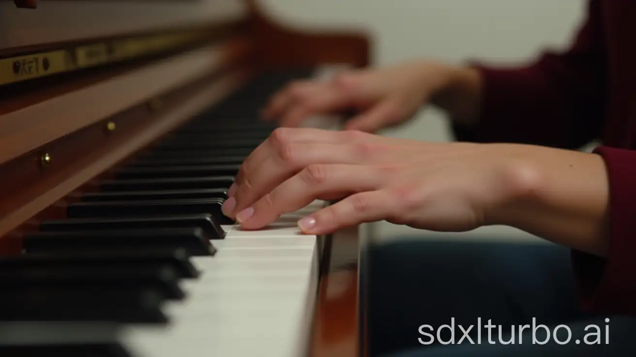 A young woman playing the piano, showing her fingers pressing down on the keys with natural positioning and motion, High detail, realistic textures, natural lighting, hdr quality, dynamic style