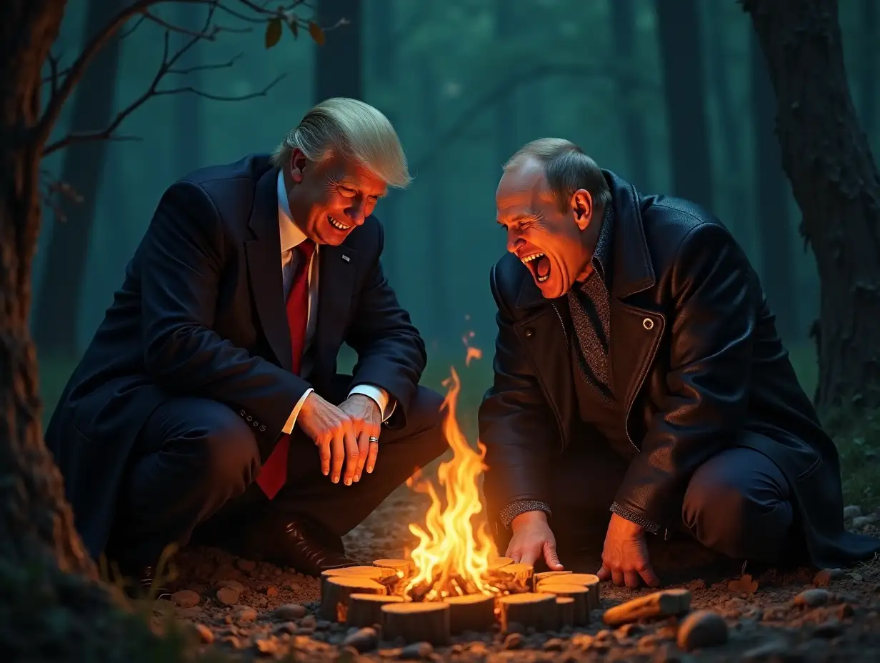 putin sits with the little student donald trump and the little student `JD` Vance at the campfire in the forest and tells a story and the two listen and believe everything  creepy smile, sharp teeth, gothic horror, occult symbols, dark magic, surreal, eerie, macabre, digital painting, art book cover, artstation, concept art, highly detailed, intricate, photorealistic, chiaroscuro, dark and ominous, dramatic lighting, art by Greg Rutkowski and Alphonse Mucha,a movie poster titled [‘The fairy tale’]