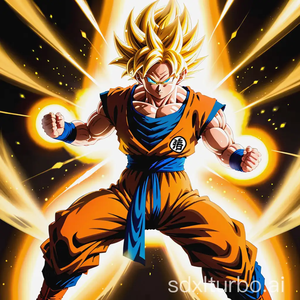 Goku in super Saiyan expelling a golden aura, Dragon ball Z style