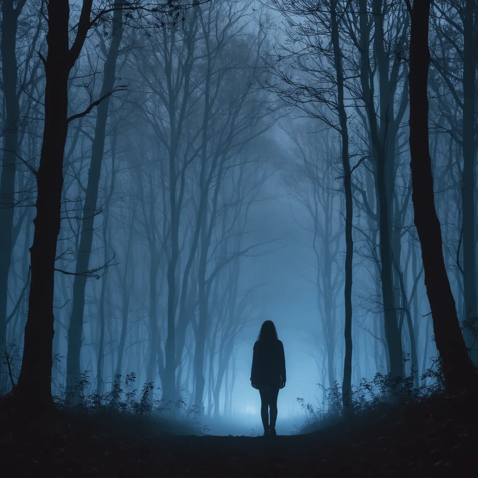 Silhouette-of-a-Girl-in-Blue-Foggy-Forest-at-Night