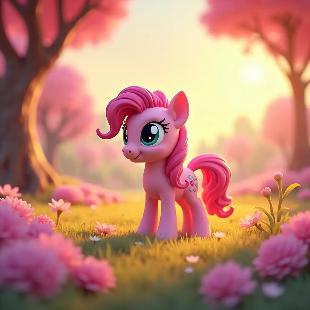 My litte Pony, style 3d blender, Create a cozy scene with soft, warm lighting that highlights the vibrant colors of the ponies in a sunny Ponyville, or design a magical twilight with sparkling lights and a sense of wonder, or illustrate dramatic backlighting against a bright sunset, or imagine a playful candy-themed landscape with colorful highlights, or create a serene flower-filled meadow with soft shadows and gentle highlights for a dreamy quality.