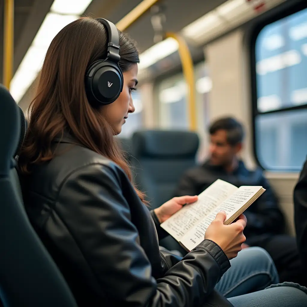 Person-Studying-with-Flashcards-on-Public-Train-While-Listening-to-Music