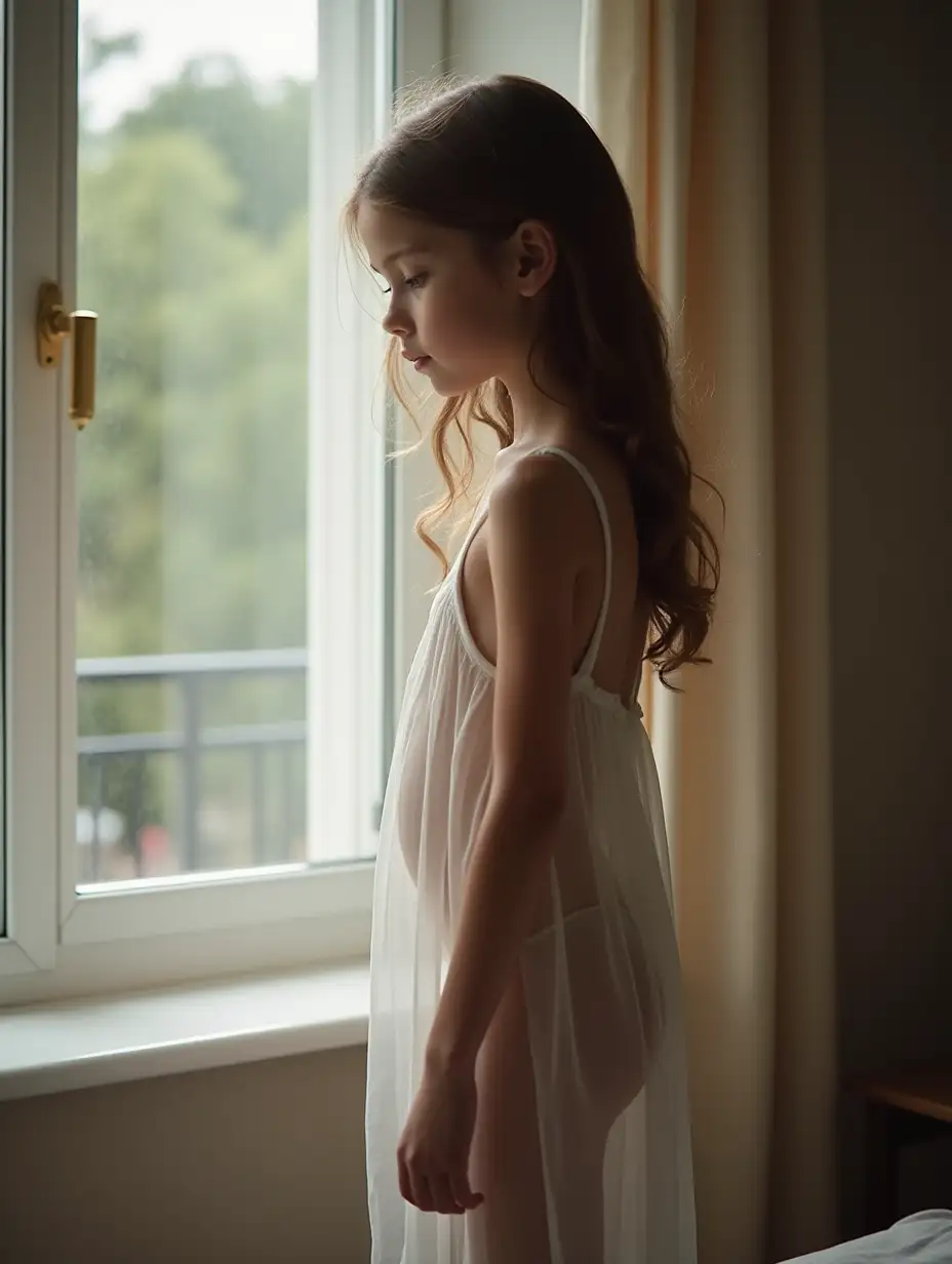 slender young girl in a sheer white nightgown standing by a window in her bedroom. lighting highlights the contours of her body.