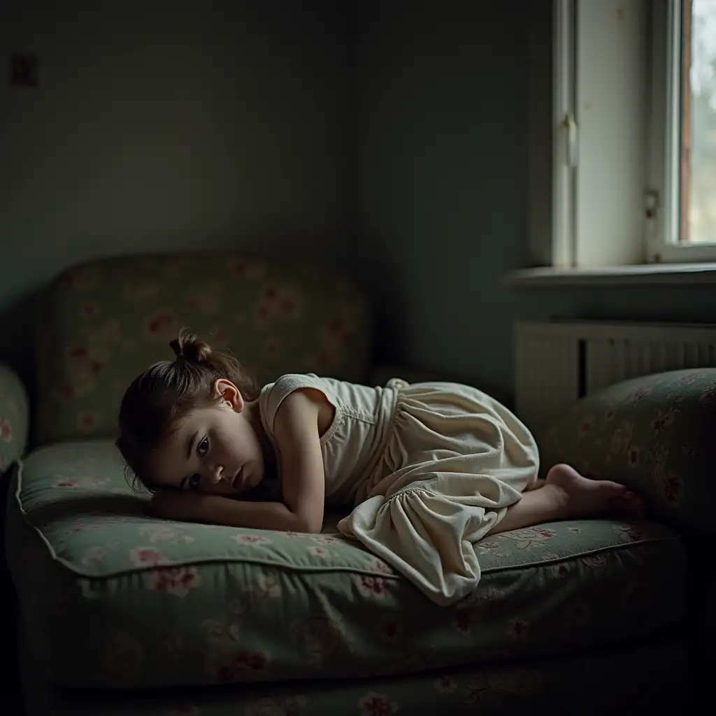 Anxious-8YearOld-Norwegian-Girl-Lying-on-Sofa-in-Basement-Room